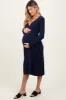 Navy Blue Knit Long Sleeve Wrap Maternity Midi Dress sold by Pinkblush