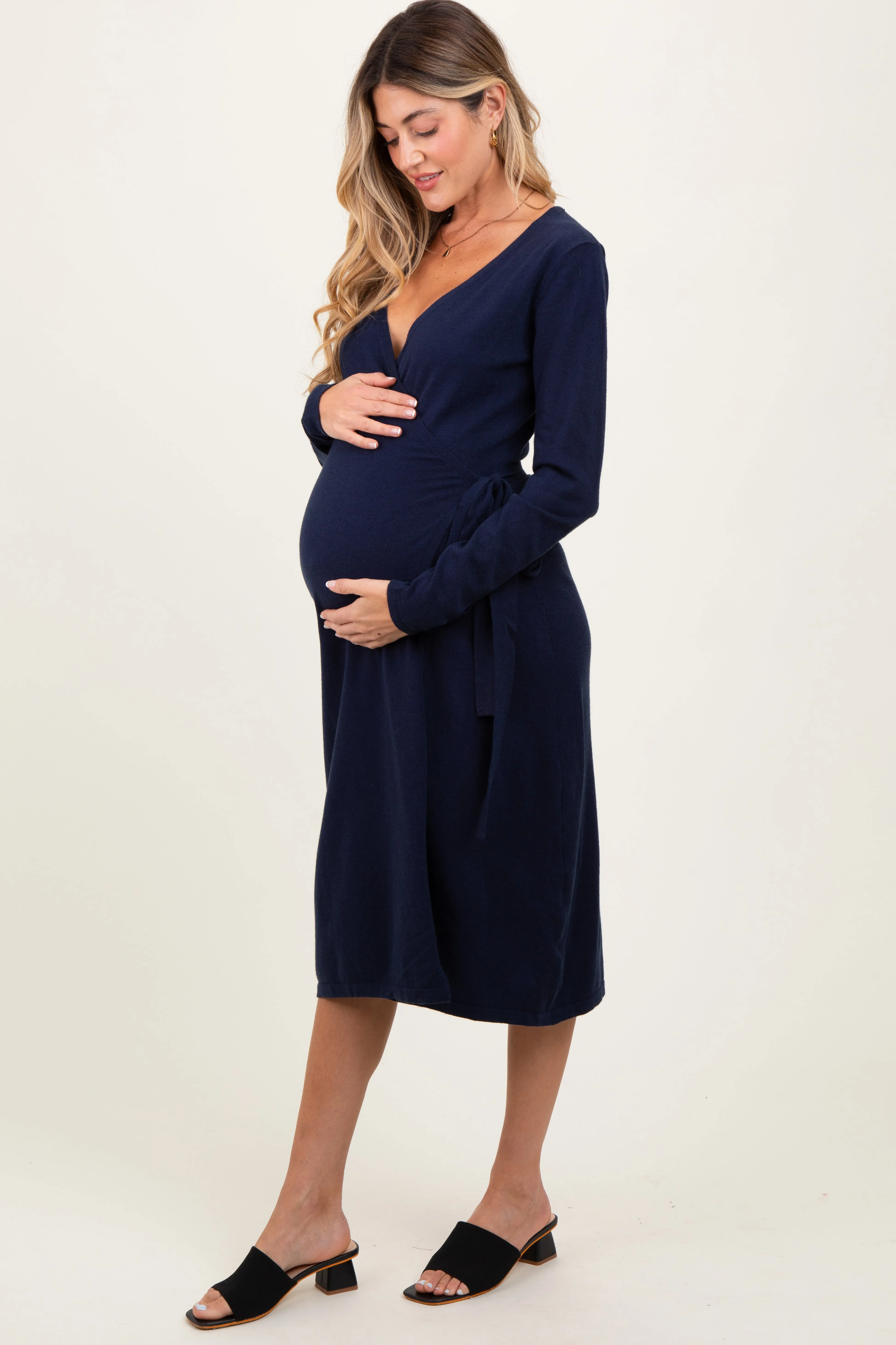 Navy Blue Knit Long Sleeve Wrap Maternity Midi Dress sold by Pinkblush product image thumbnail 2