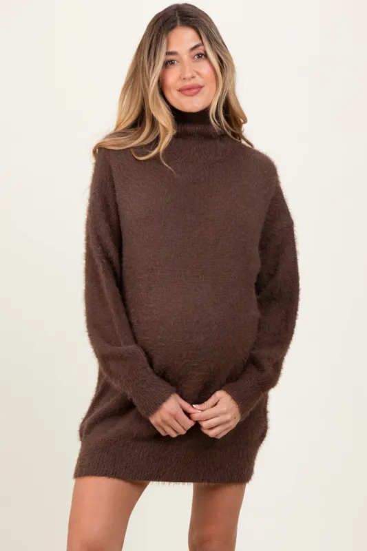 Cream Fuzzy Knit Turtleneck Maternity Sweater Mini Dress sold by Pinkblush