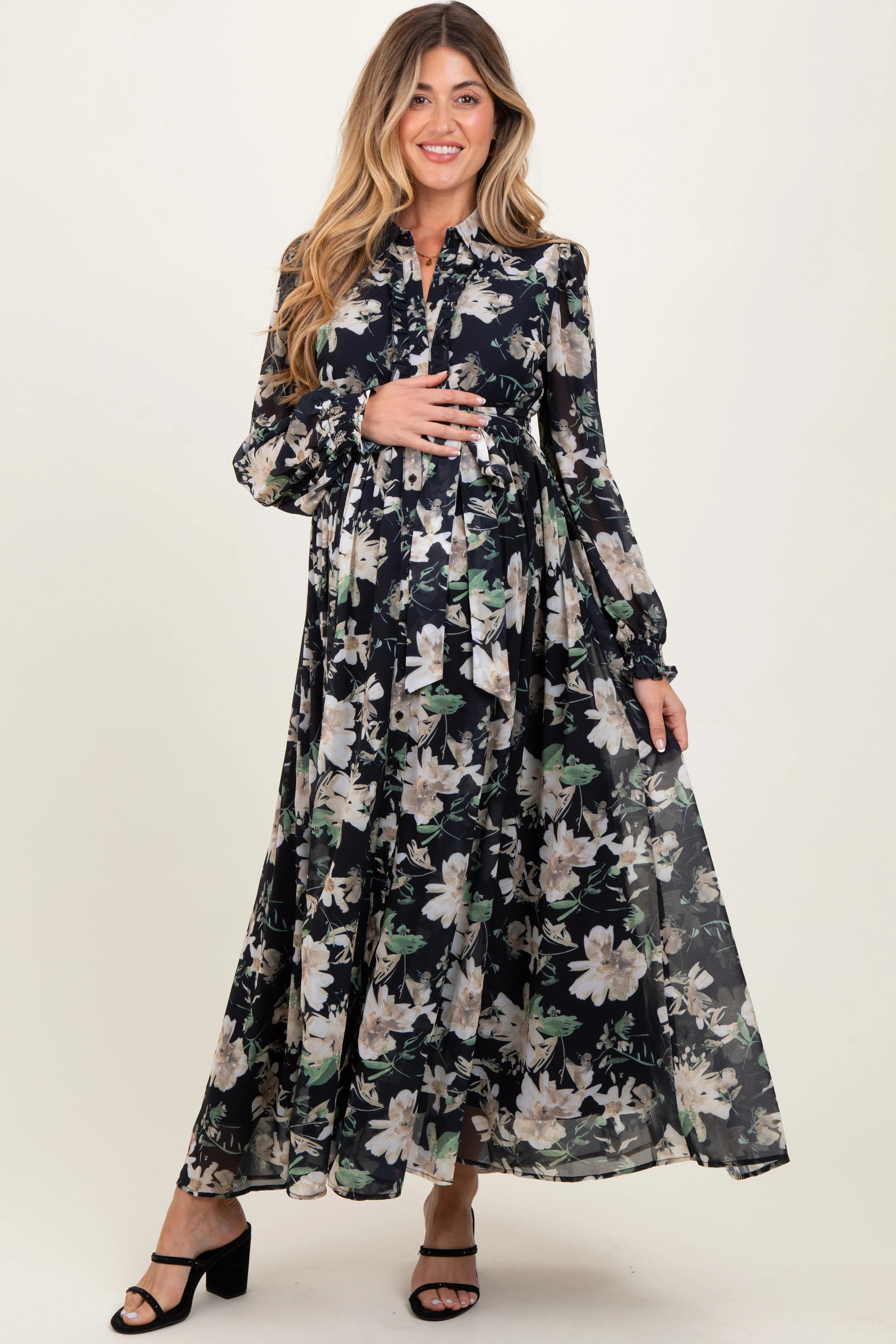 Black Floral Chiffon Ruffle Accent Button Down Maternity Maxi Dress sold by Pinkblush
