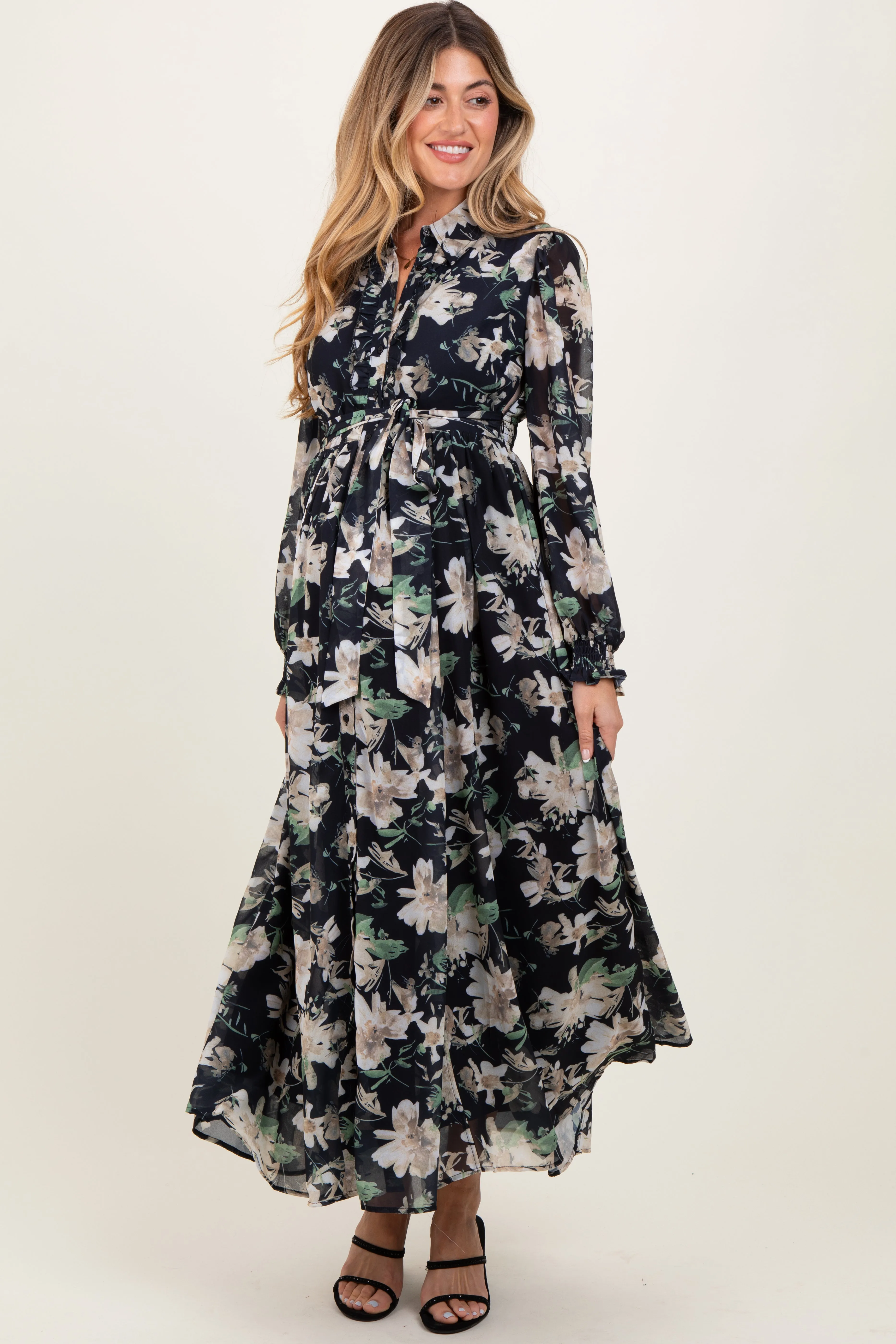 Black Floral Chiffon Ruffle Accent Button Down Maternity Maxi Dress sold by Pinkblush product image thumbnail 2
