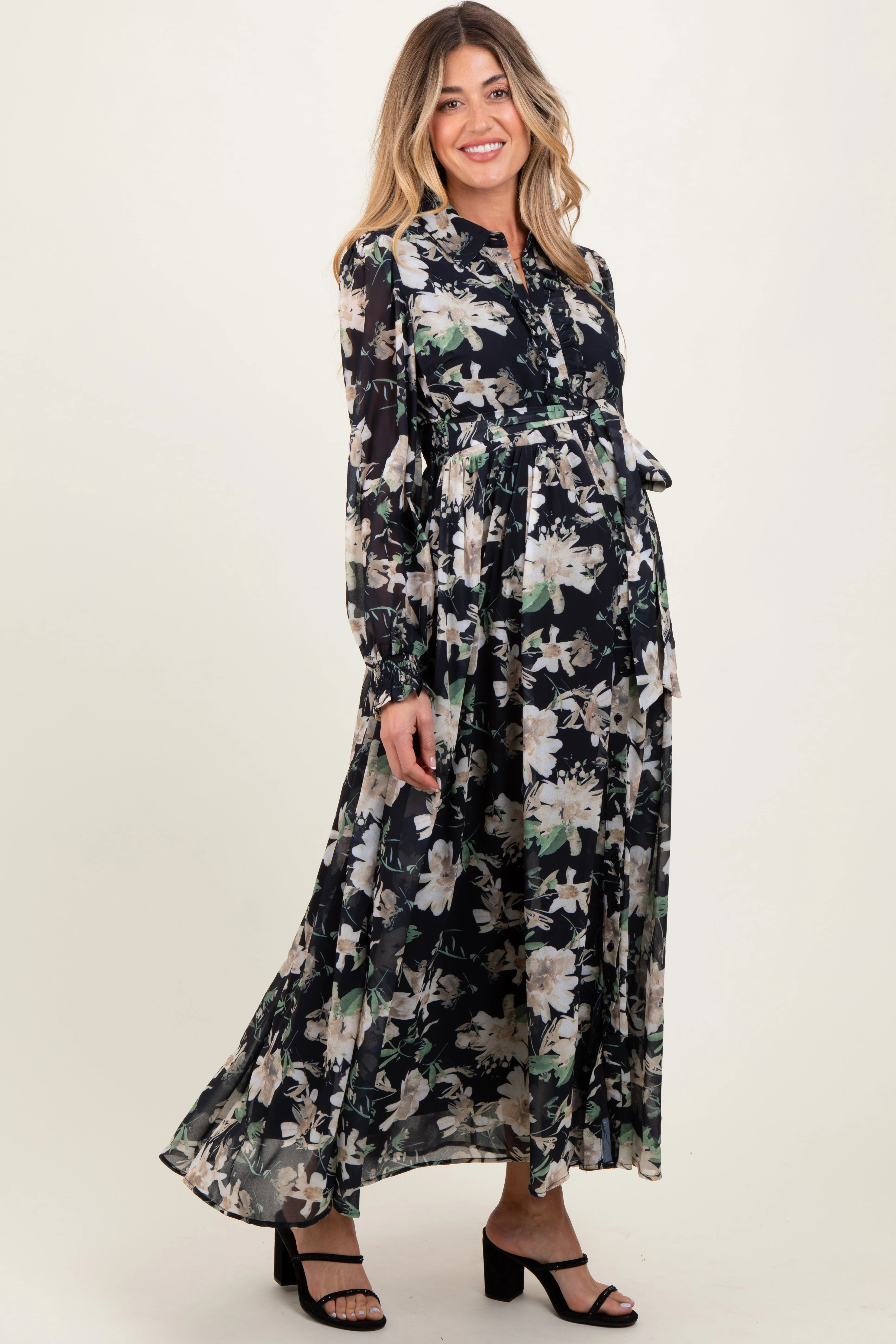 Black Floral Chiffon Ruffle Accent Button Down Maternity Maxi Dress sold by Pinkblush product image thumbnail 3
