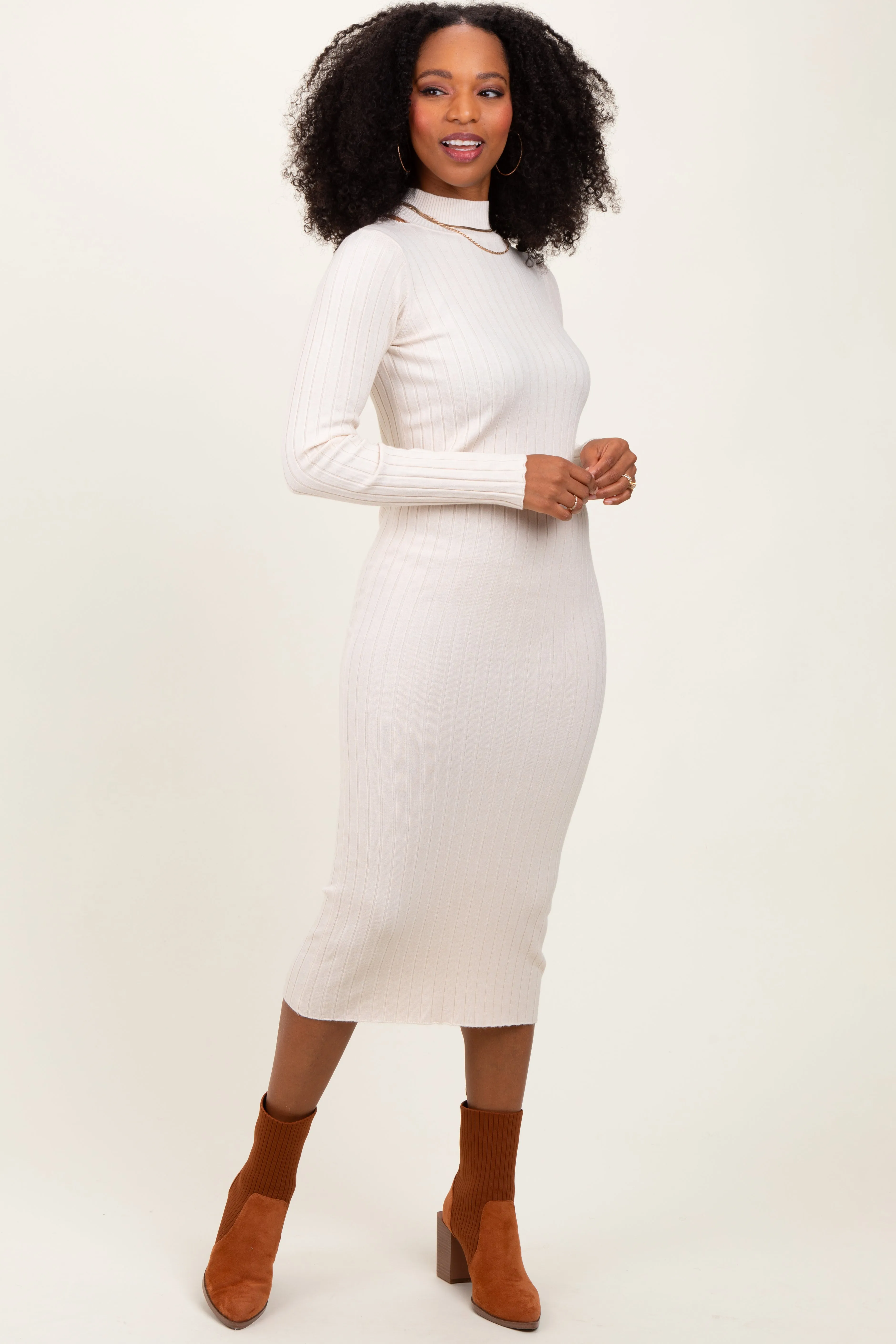 Beige Mock Neck Ribbed Maternity Sweater Dress sold by Pinkblush product image thumbnail 4