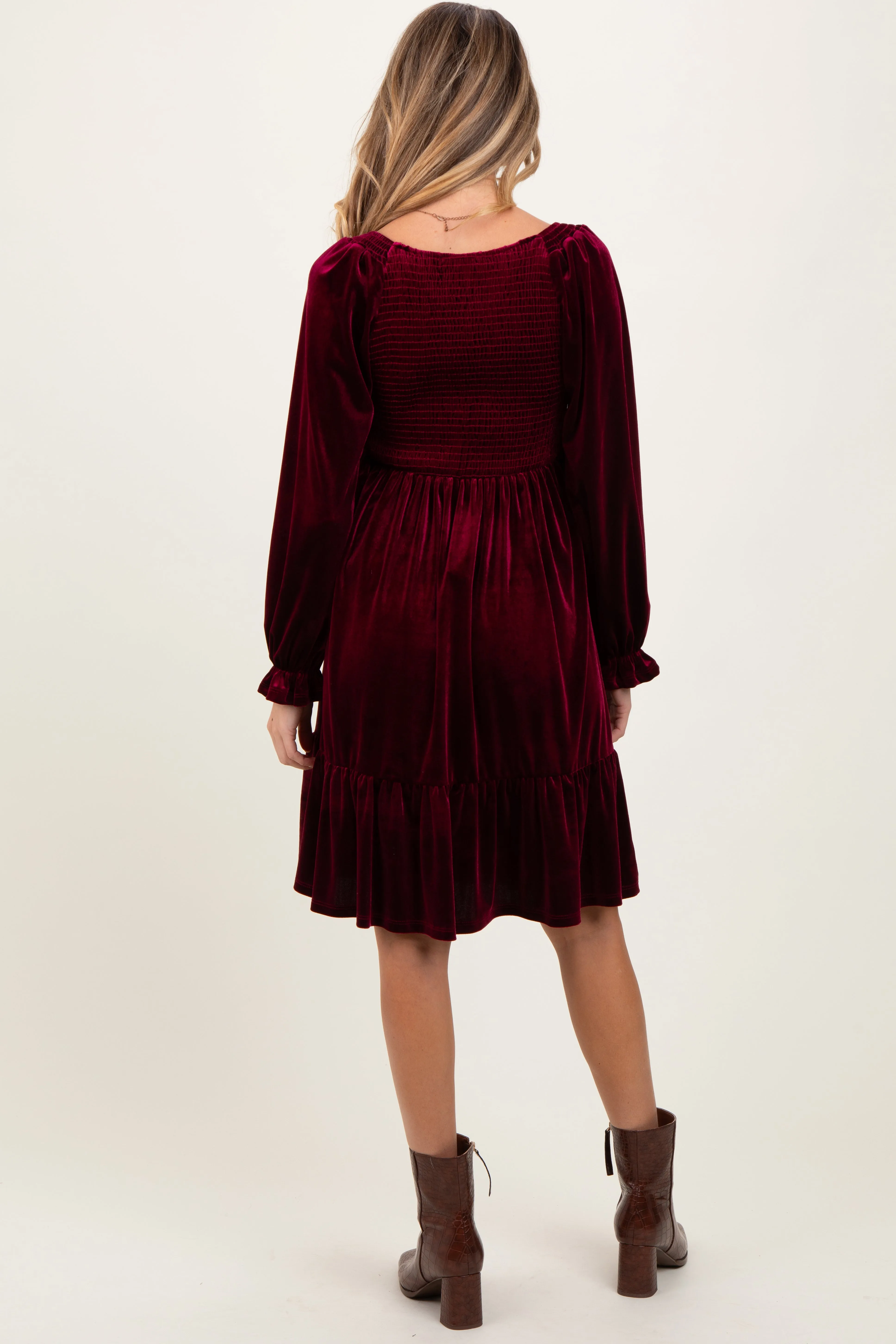 Burgundy Velvet Smocked Maternity Long Sleeve Dress sold by Pinkblush product image thumbnail 3