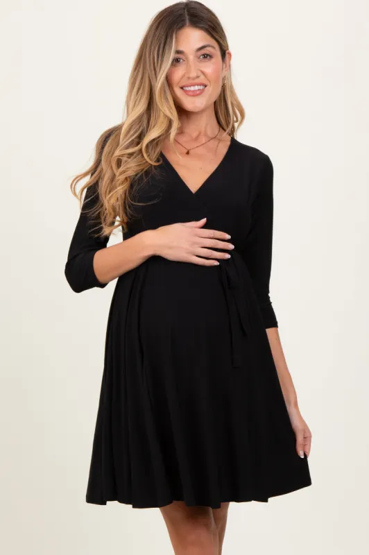 Black 3/4 Sleeve Maternity/Nursing Sash Tie Wrap Dress sold by Pinkblush