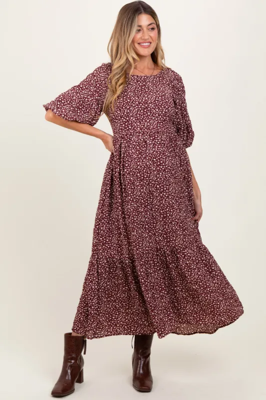 Burgundy Floral Puffed Short Sleeve Maternity Maxi Dress sold by Pinkblush