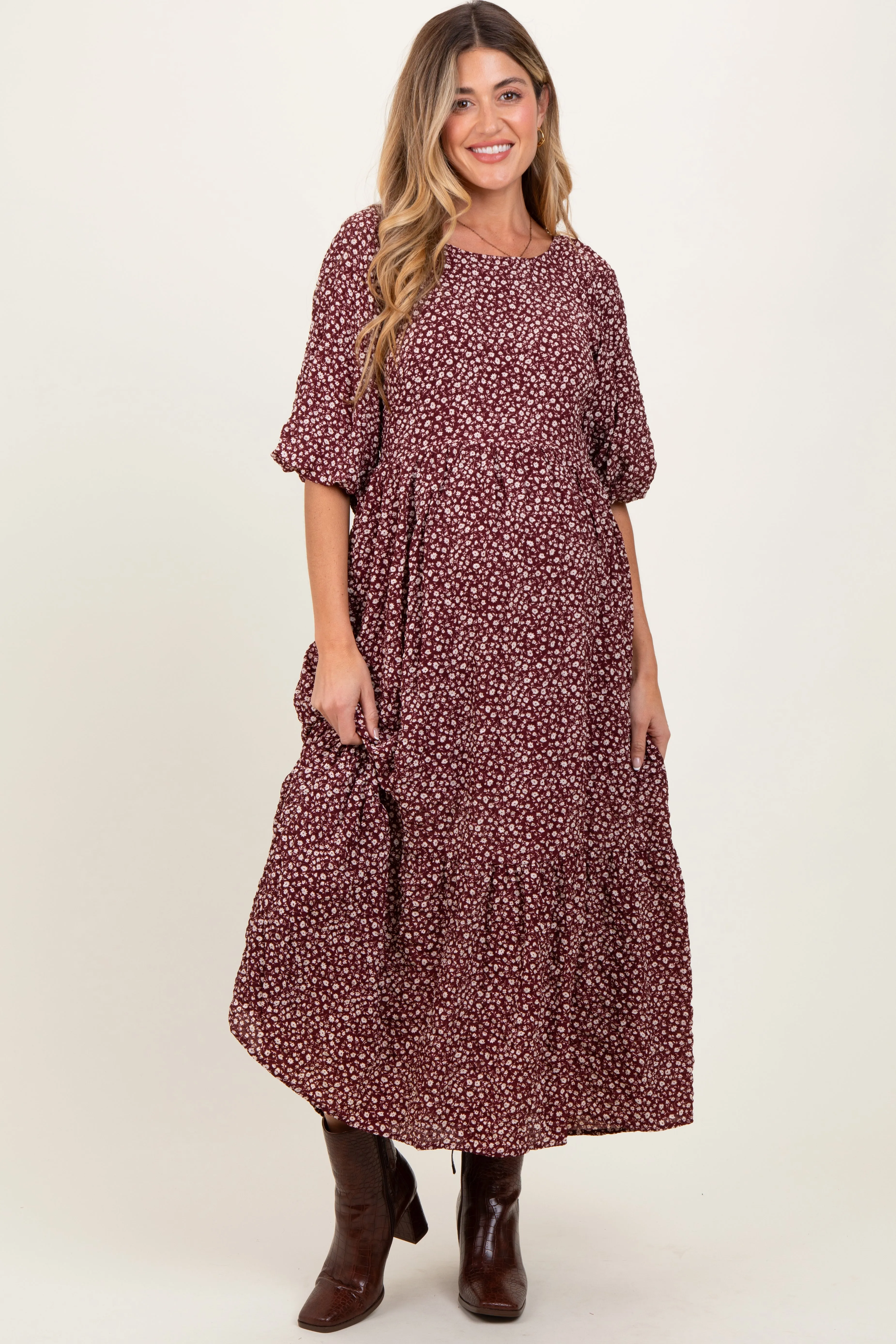 Burgundy Floral Puffed Short Sleeve Maternity Maxi Dress sold by Pinkblush product image thumbnail 2