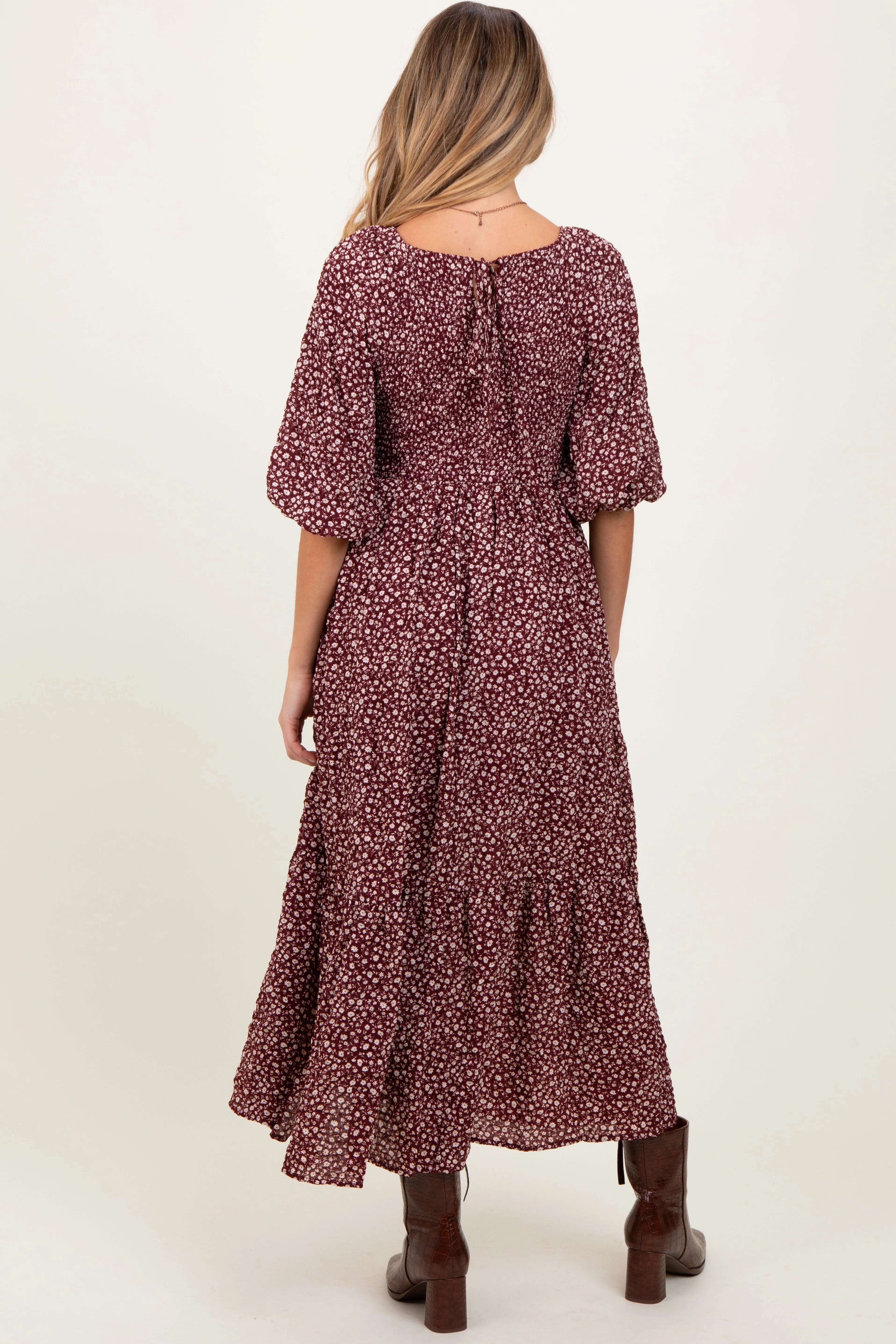 Burgundy Floral Puffed Short Sleeve Maternity Maxi Dress sold by Pinkblush product image thumbnail 3