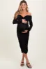 Black Off Shoulder Ruched Long Sleeve Maternity Midi Dress sold by Pinkblush