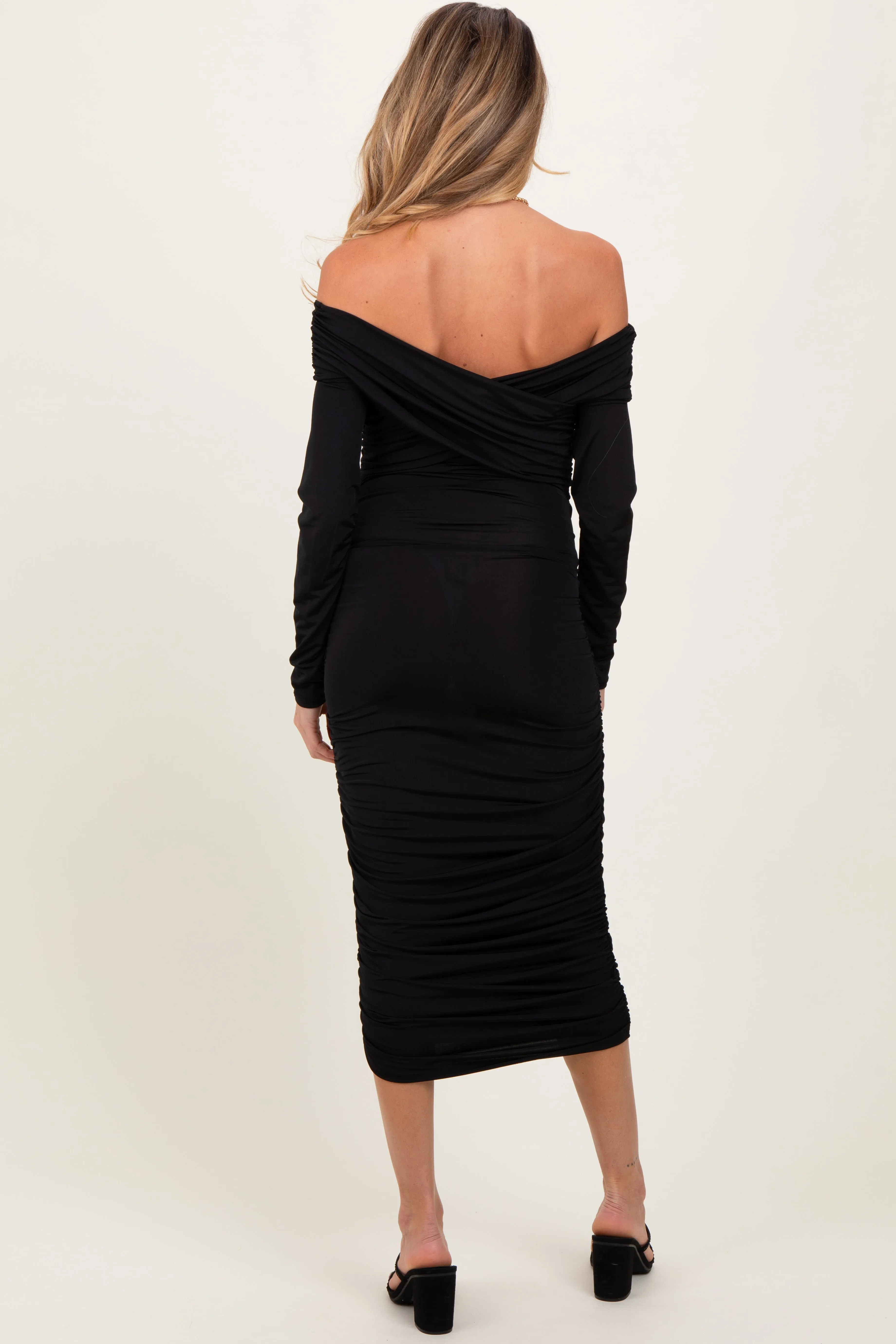 Black Off Shoulder Ruched Long Sleeve Maternity Midi Dress sold by Pinkblush product image thumbnail 2