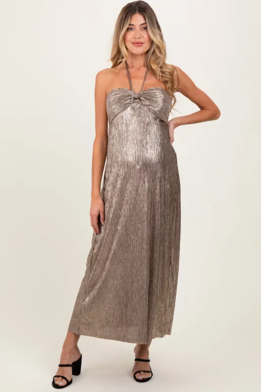Dark Gold Metallic Halter Maternity Dress sold by Pinkblush