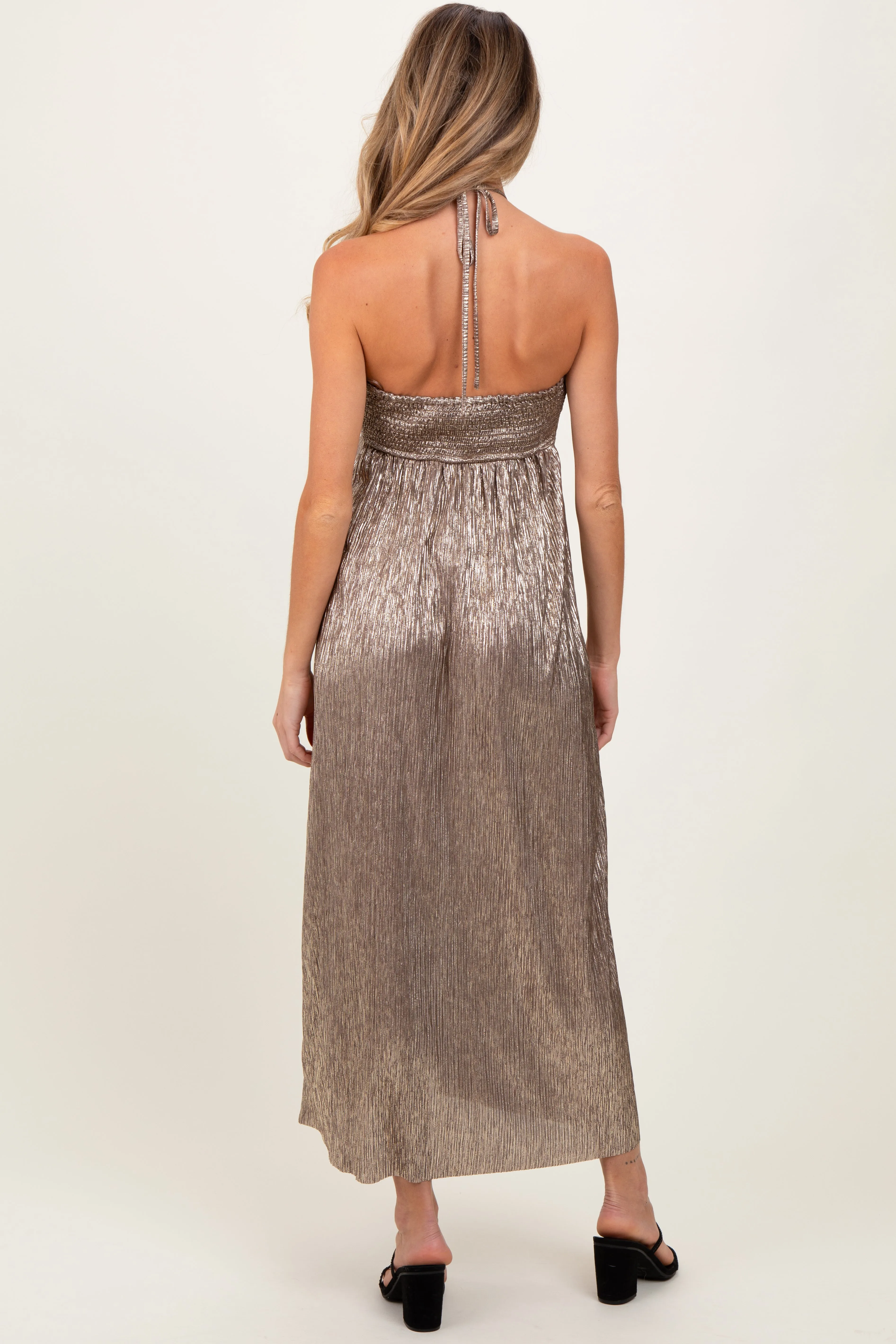 Dark Gold Metallic Halter Maternity Dress sold by Pinkblush product image thumbnail 2