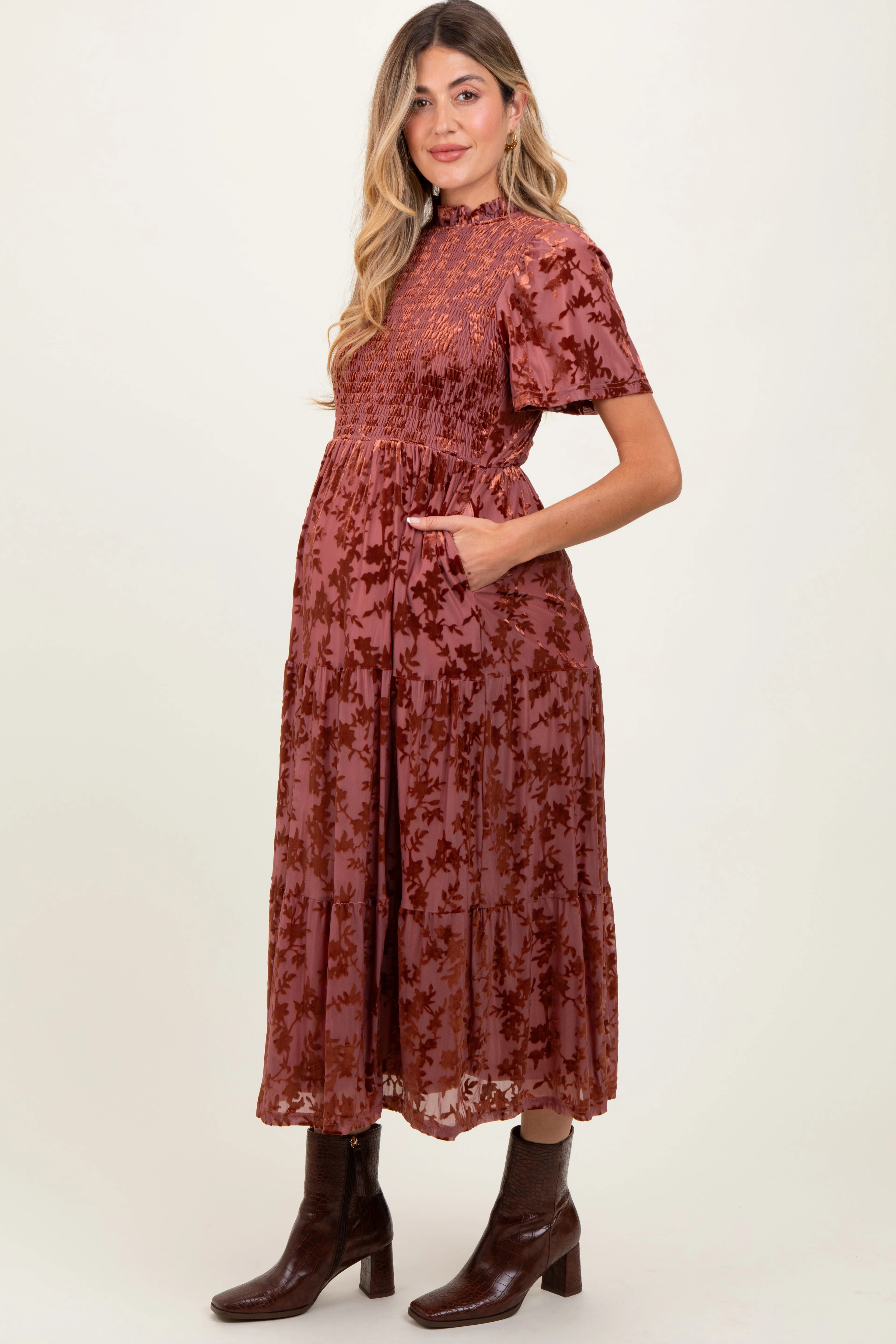 Mauve Floral Velvet Print Smocked Maternity Midi Dress sold by Pinkblush product image thumbnail 2