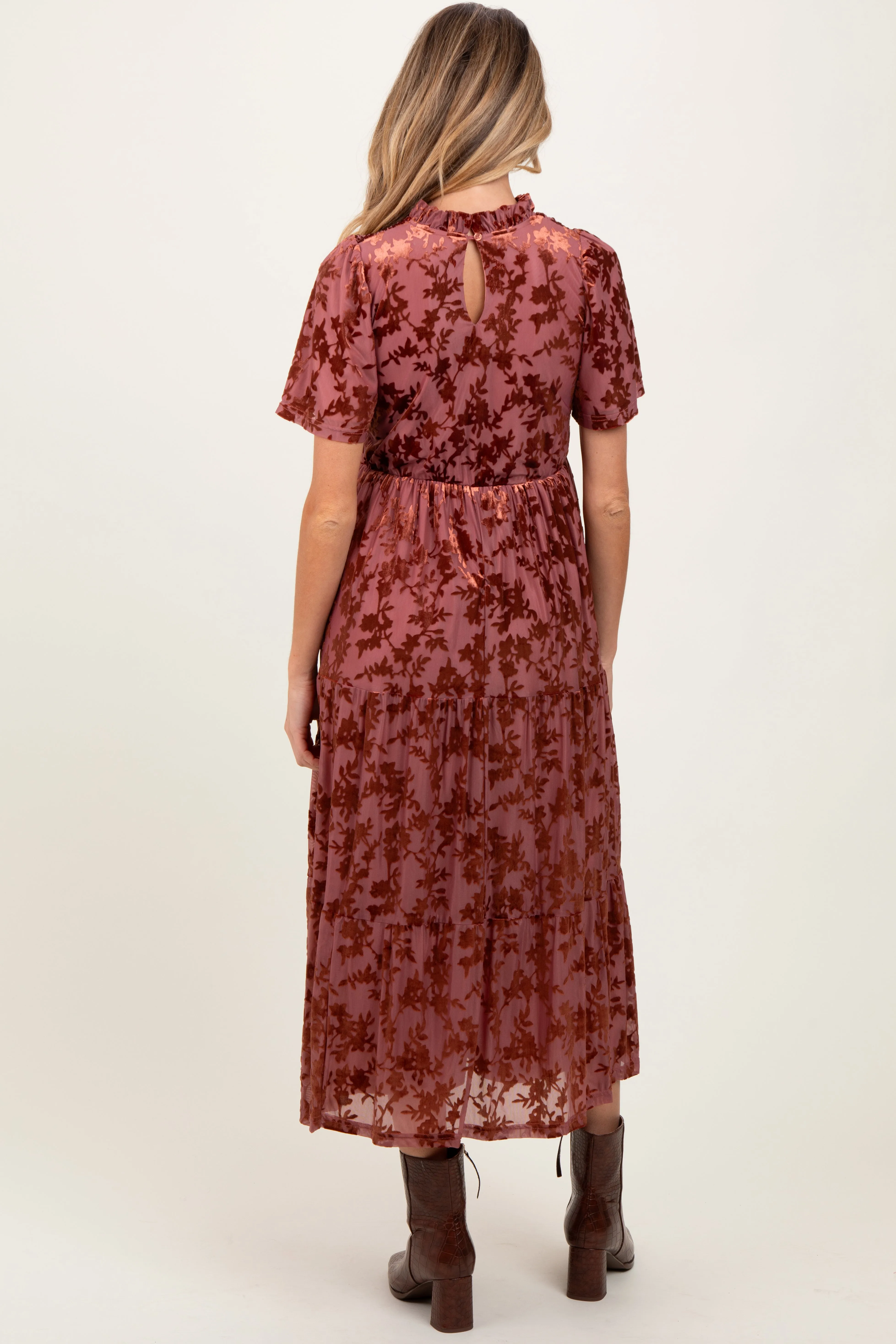 Mauve Floral Velvet Print Smocked Maternity Midi Dress sold by Pinkblush product image thumbnail 3