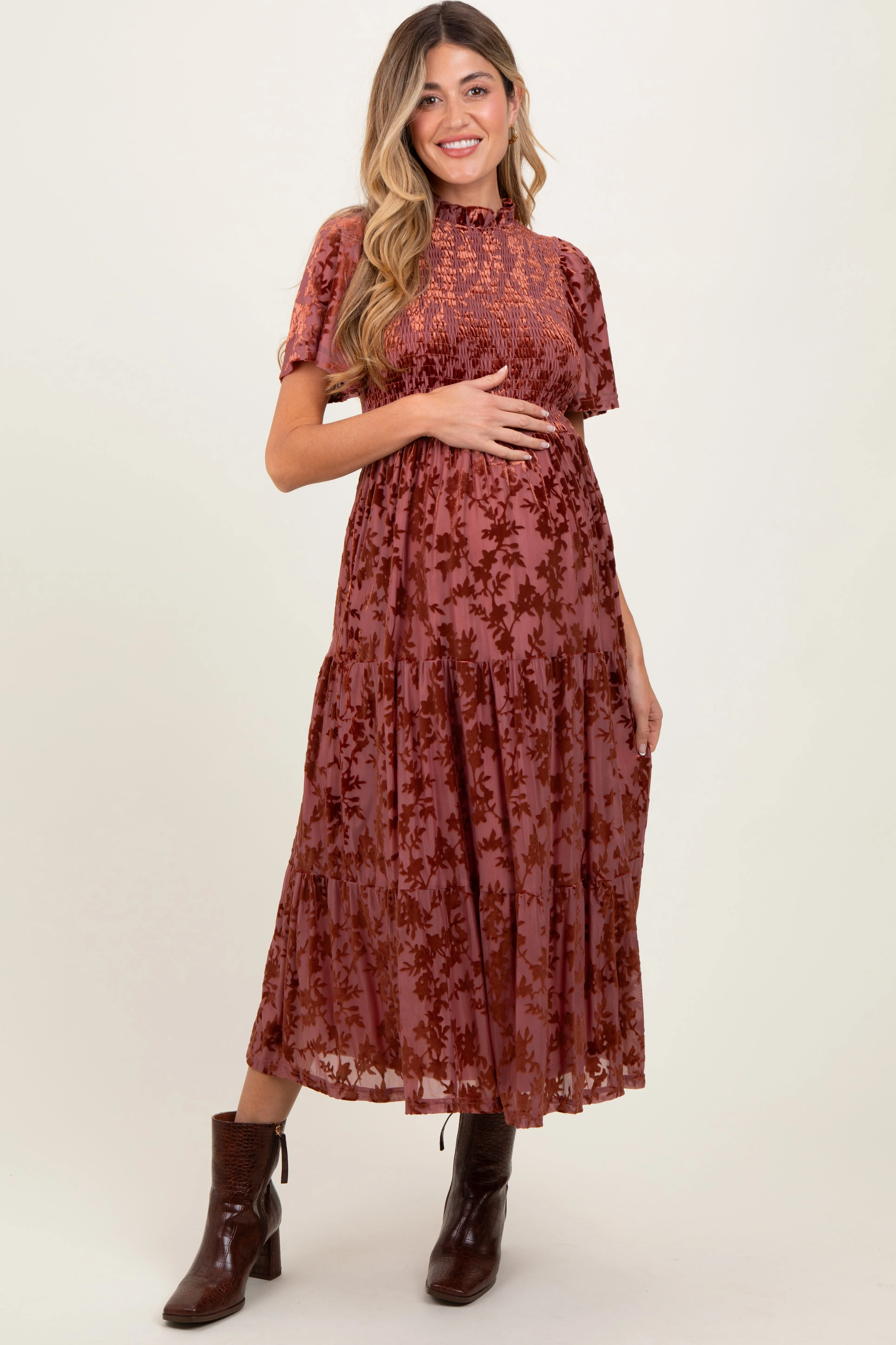 Mauve Floral Velvet Print Smocked Maternity Midi Dress sold by Pinkblush