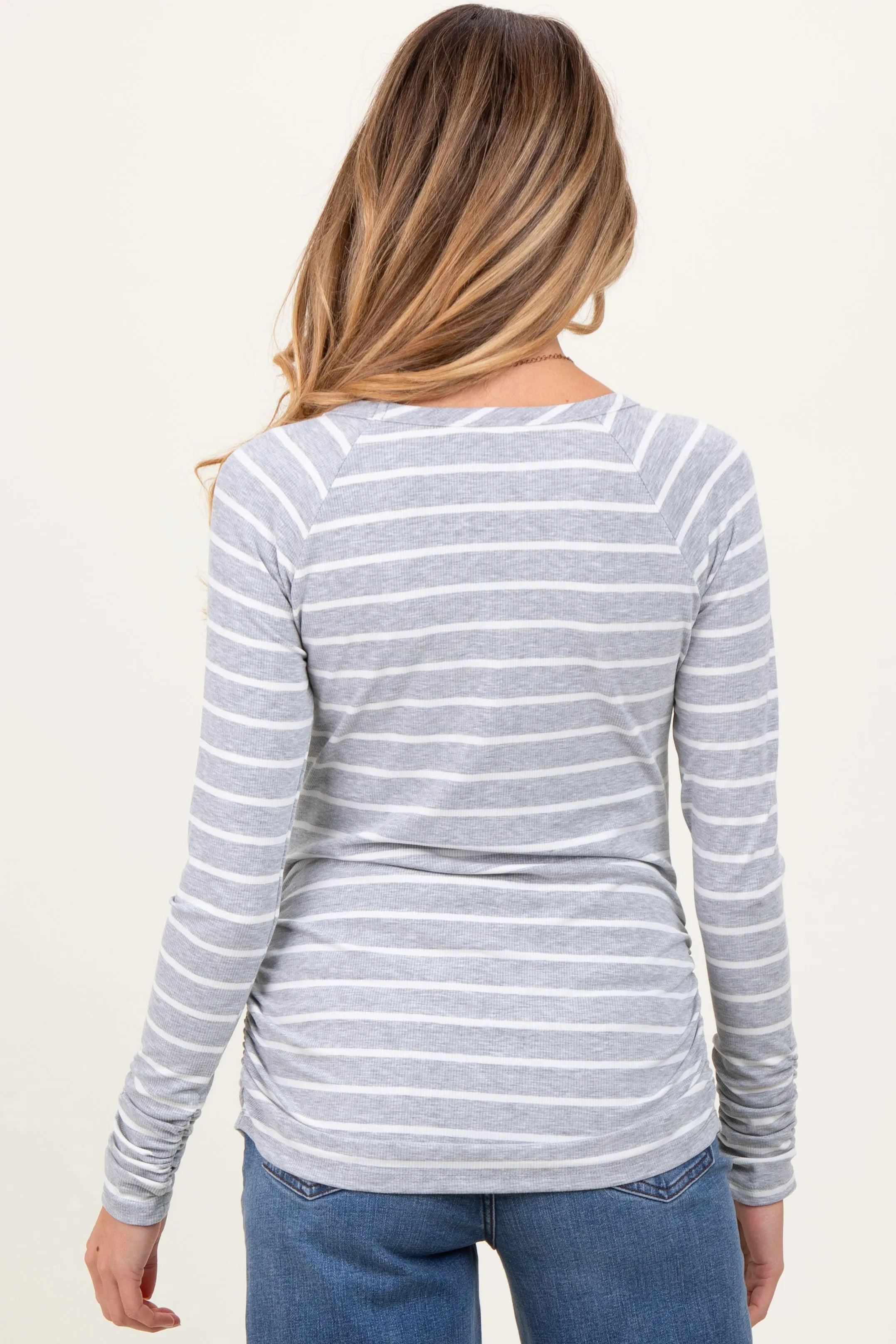 Grey Striped Ruched Side Maternity Long Sleeve Top sold by Pinkblush product image thumbnail 4