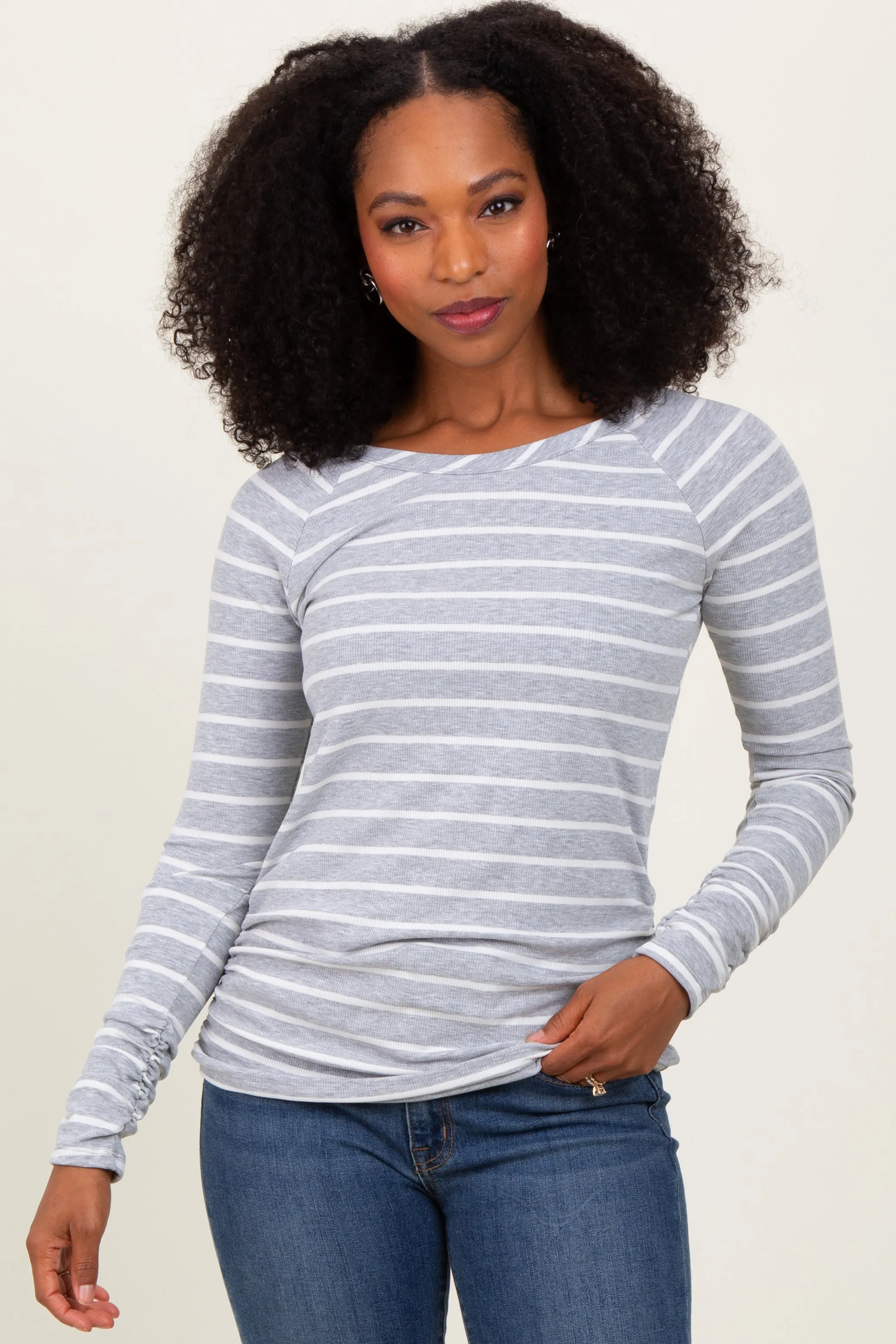 Grey Striped Ruched Side Maternity Long Sleeve Top sold by Pinkblush product image thumbnail 5