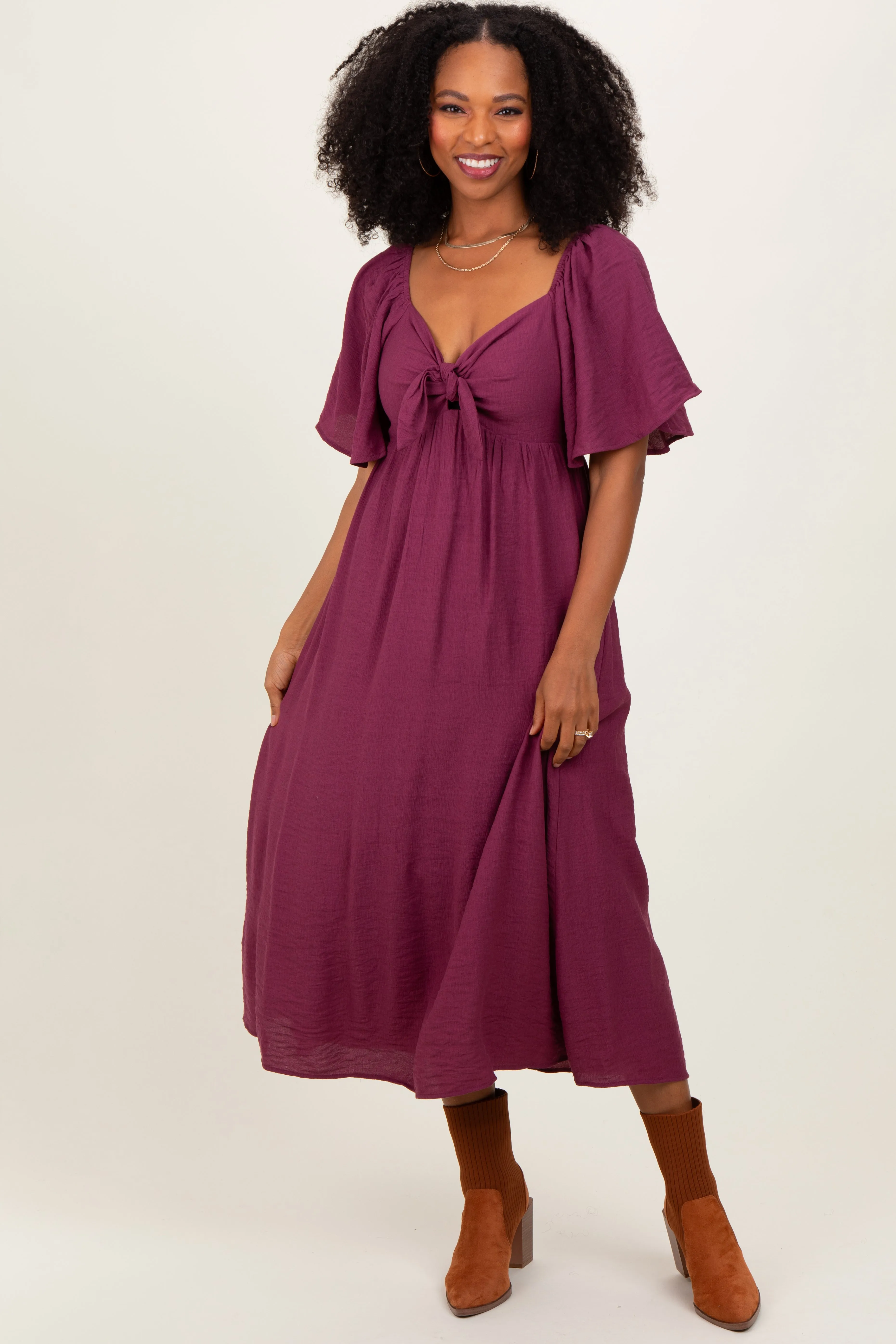 Plum Front Tie Ruffle Sleeve Maternity Midi Dress sold by Pinkblush product image thumbnail 5