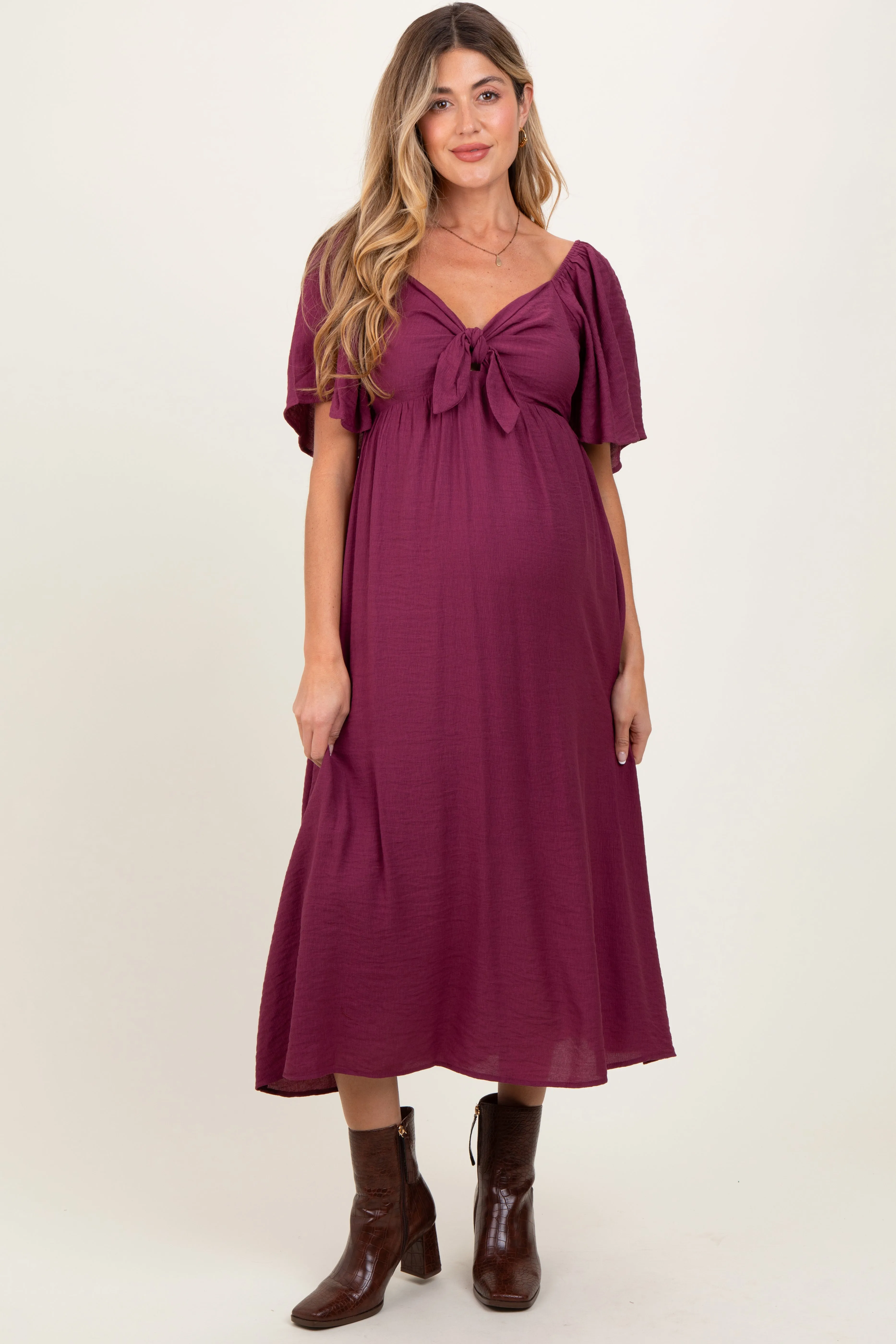 Plum Front Tie Ruffle Sleeve Maternity Midi Dress sold by Pinkblush product image thumbnail 2