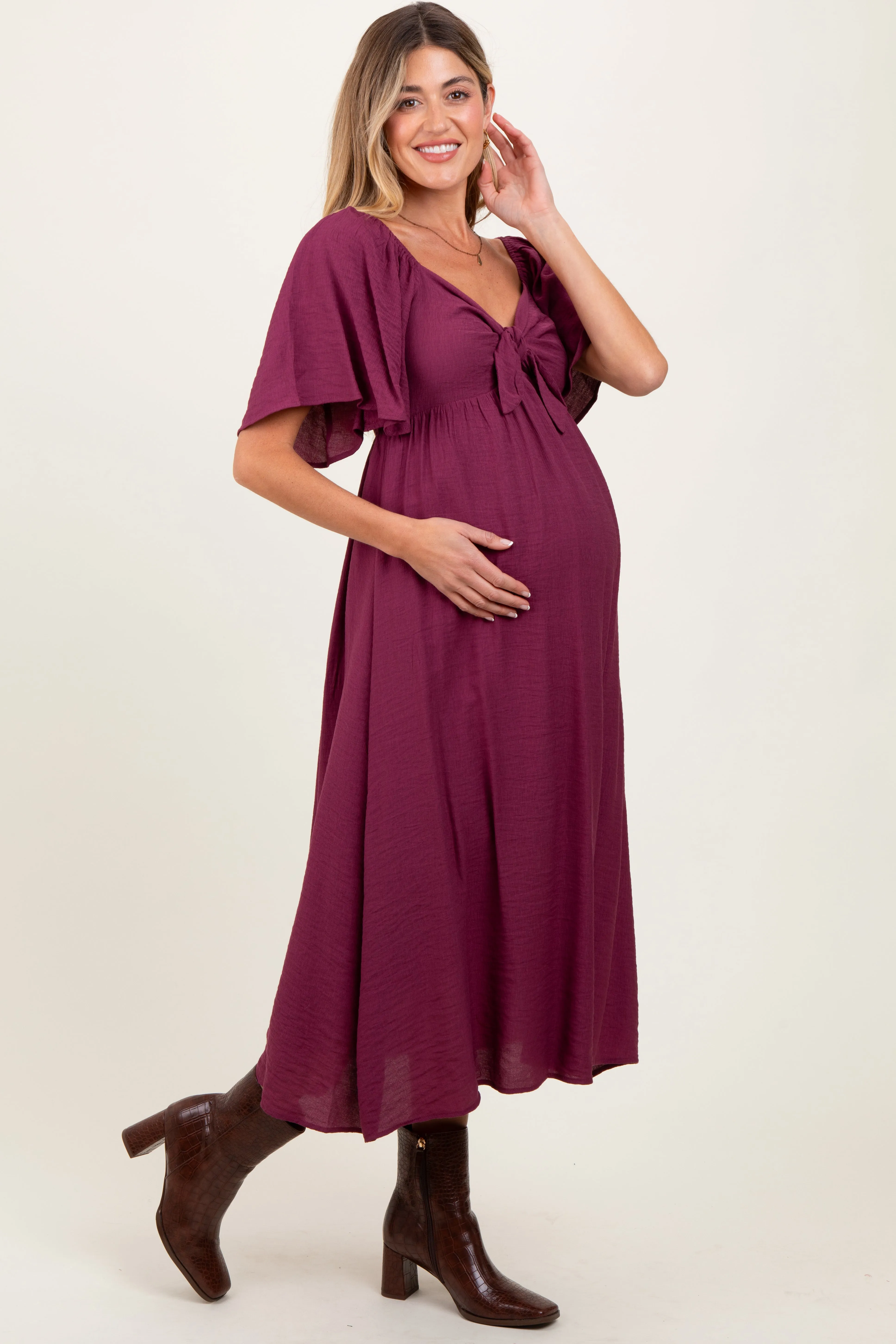 Plum Front Tie Ruffle Sleeve Maternity Midi Dress sold by Pinkblush product image thumbnail 3