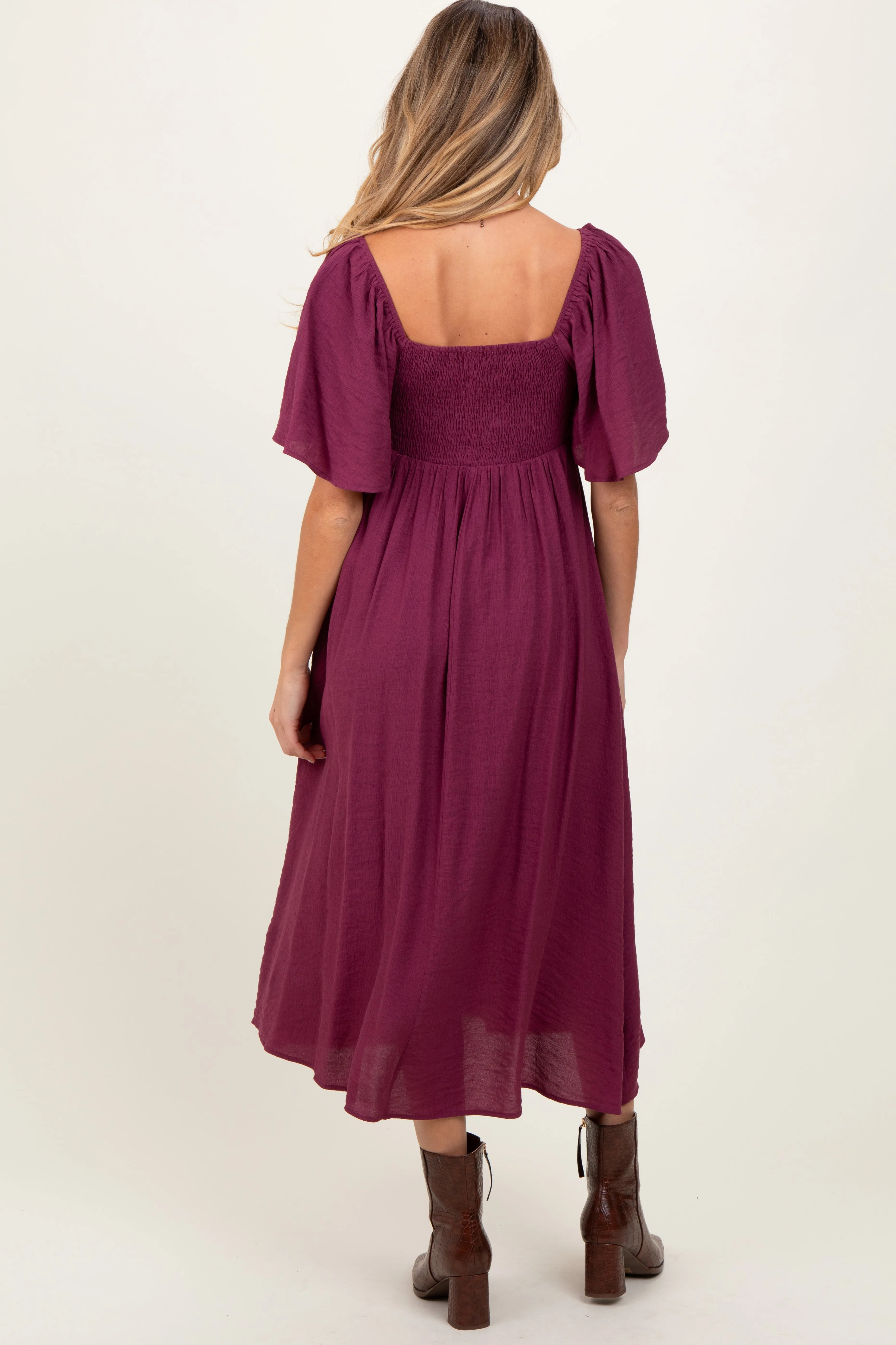 Plum Front Tie Ruffle Sleeve Maternity Midi Dress sold by Pinkblush product image thumbnail 4