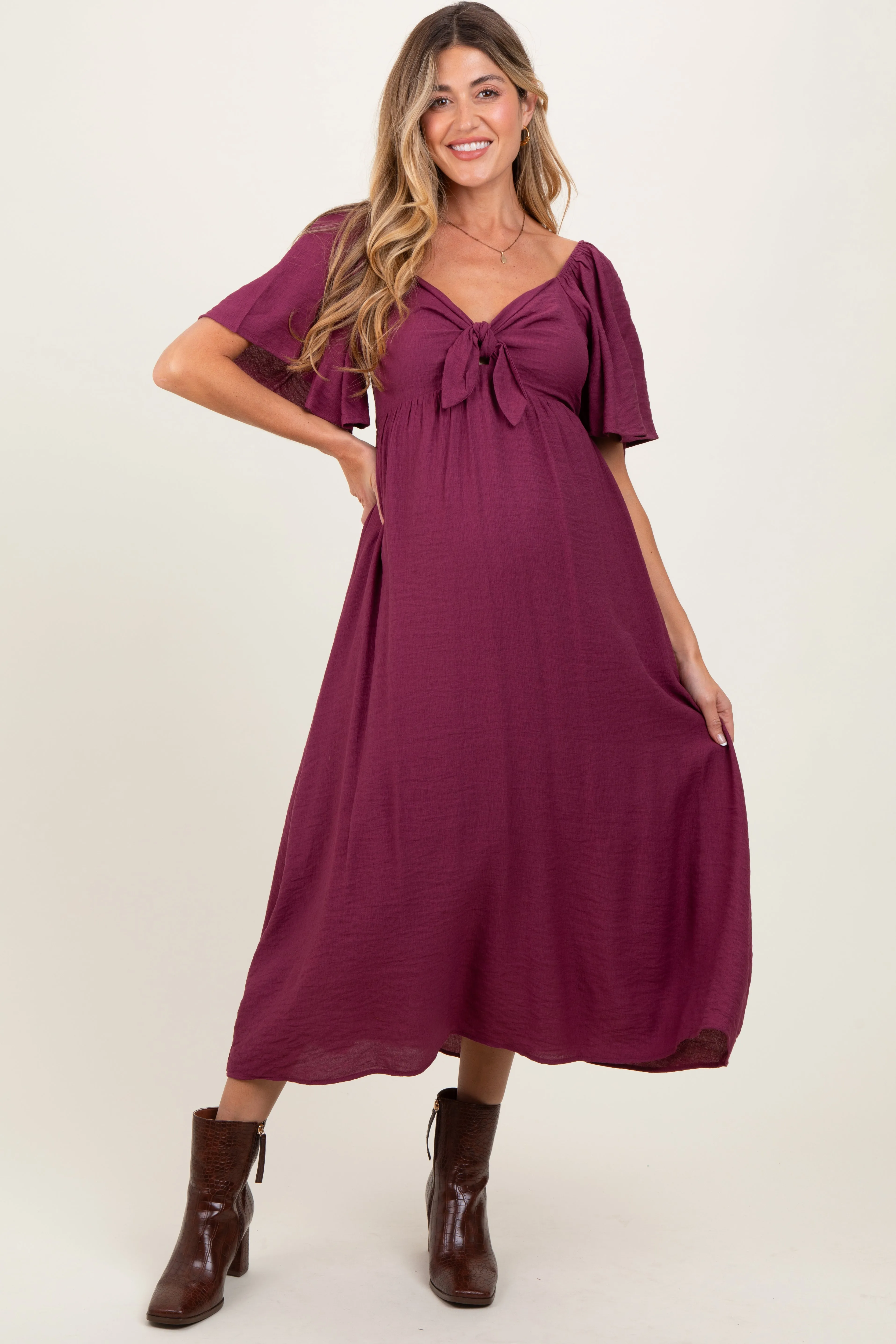 Plum Front Tie Ruffle Sleeve Maternity Midi Dress sold by Pinkblush