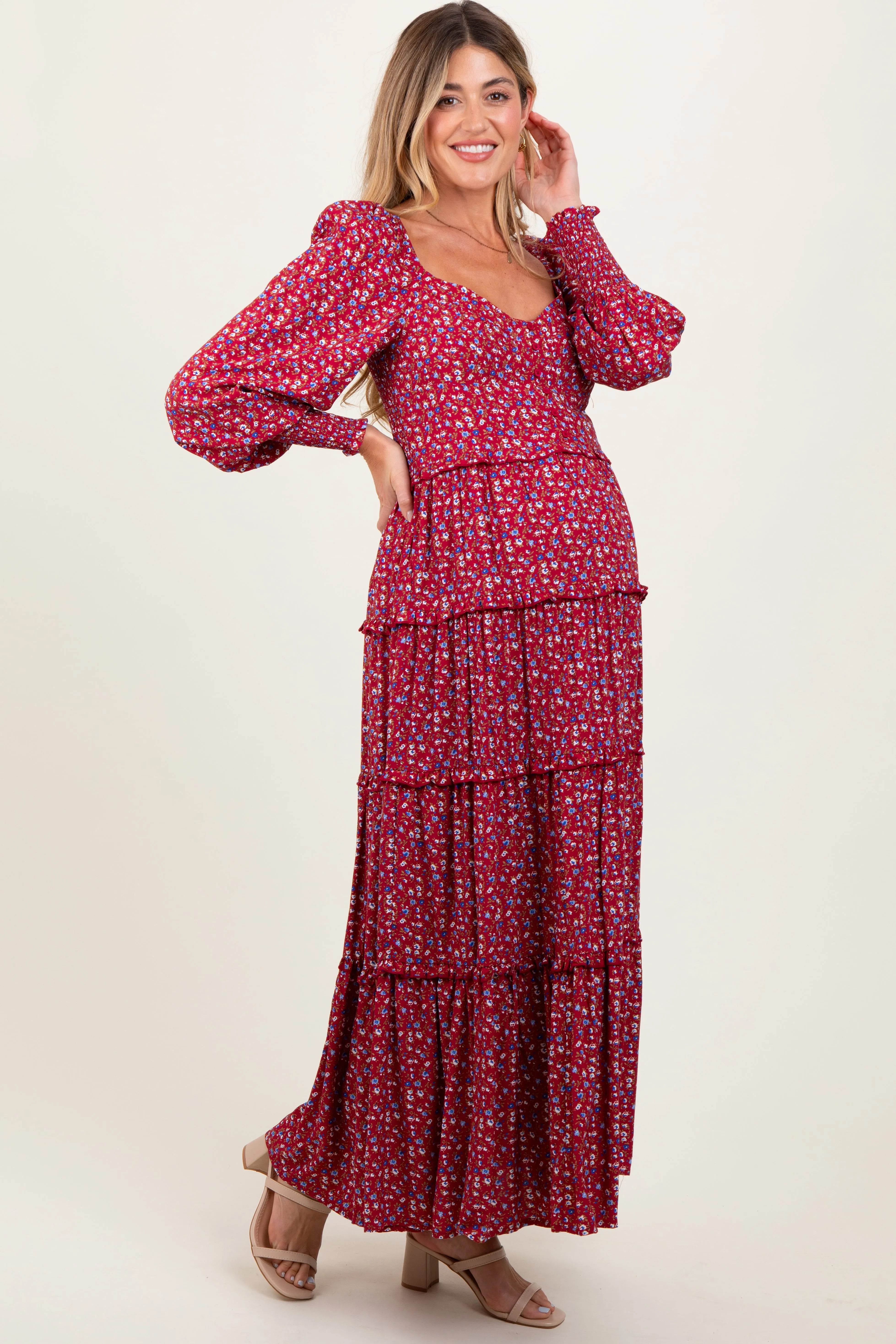 Burgundy Floral Button Accent Bodice Tiered Maternity Maxi Dress sold by Pinkblush product image thumbnail 3