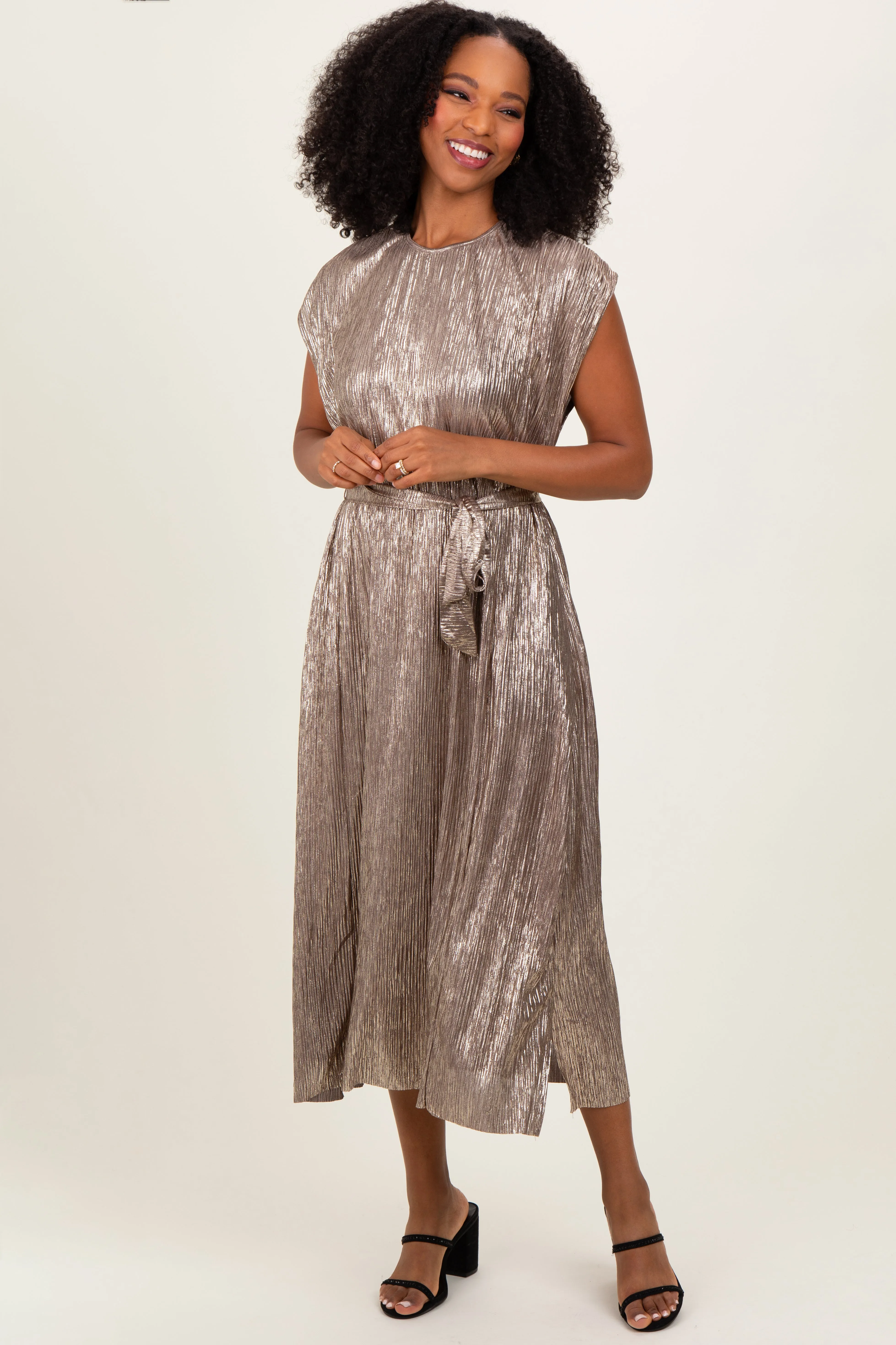 Dark Gold Metallic Maternity Sash Tie Dress sold by Pinkblush product image thumbnail 5