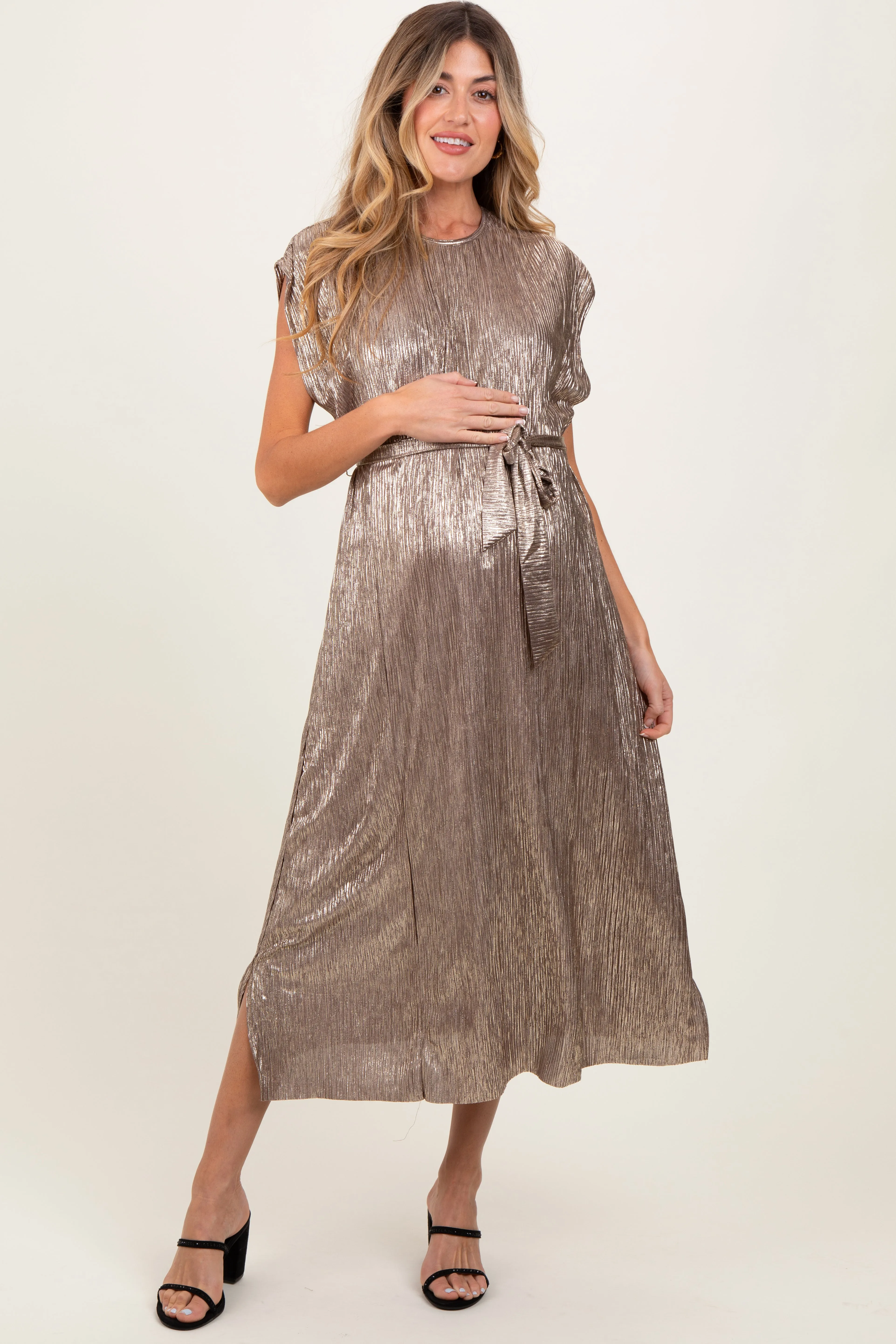 Dark Gold Metallic Maternity Sash Tie Dress sold by Pinkblush