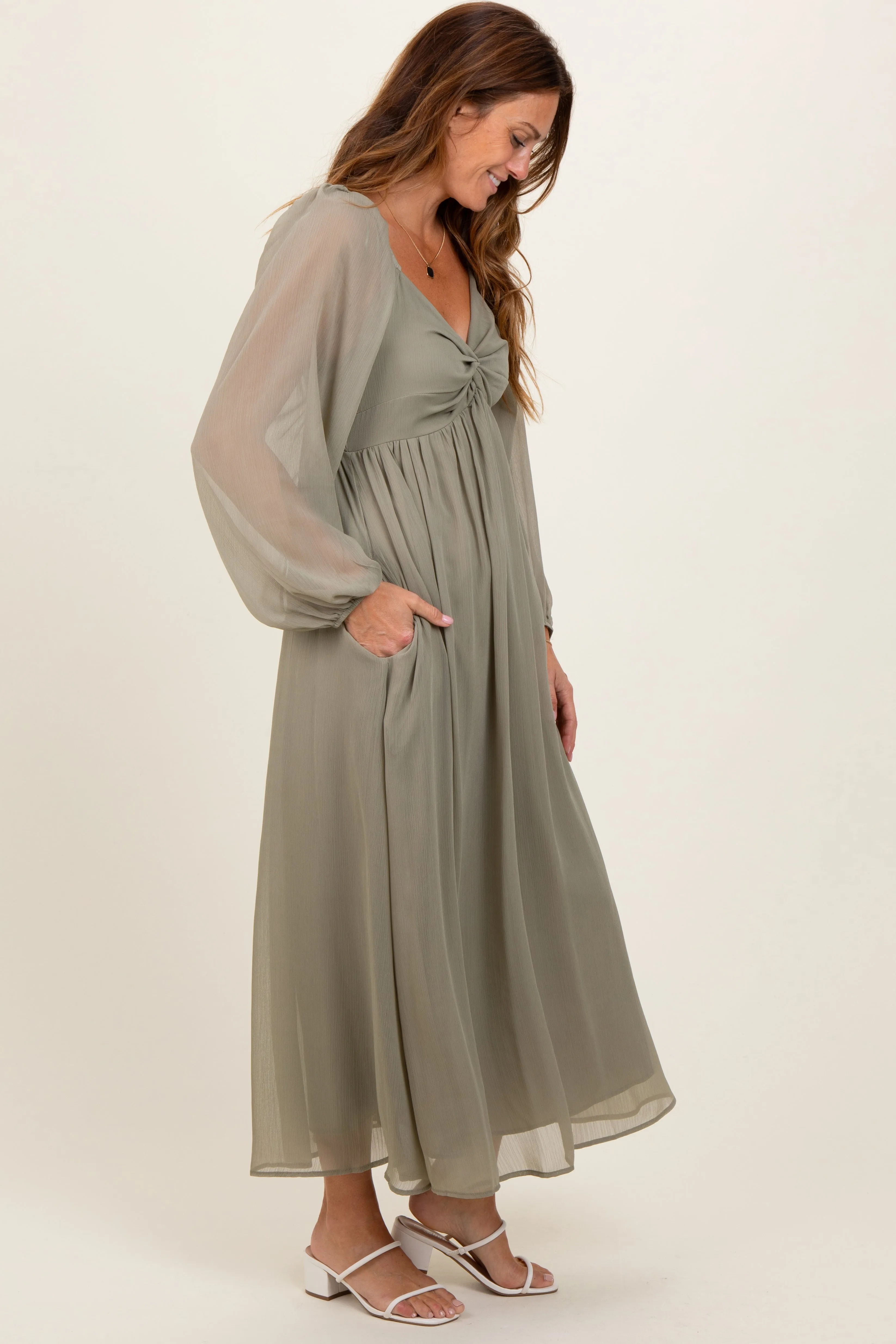 Olive Chiffon Twisted Front Midi Dress sold by Pinkblush product image thumbnail 3