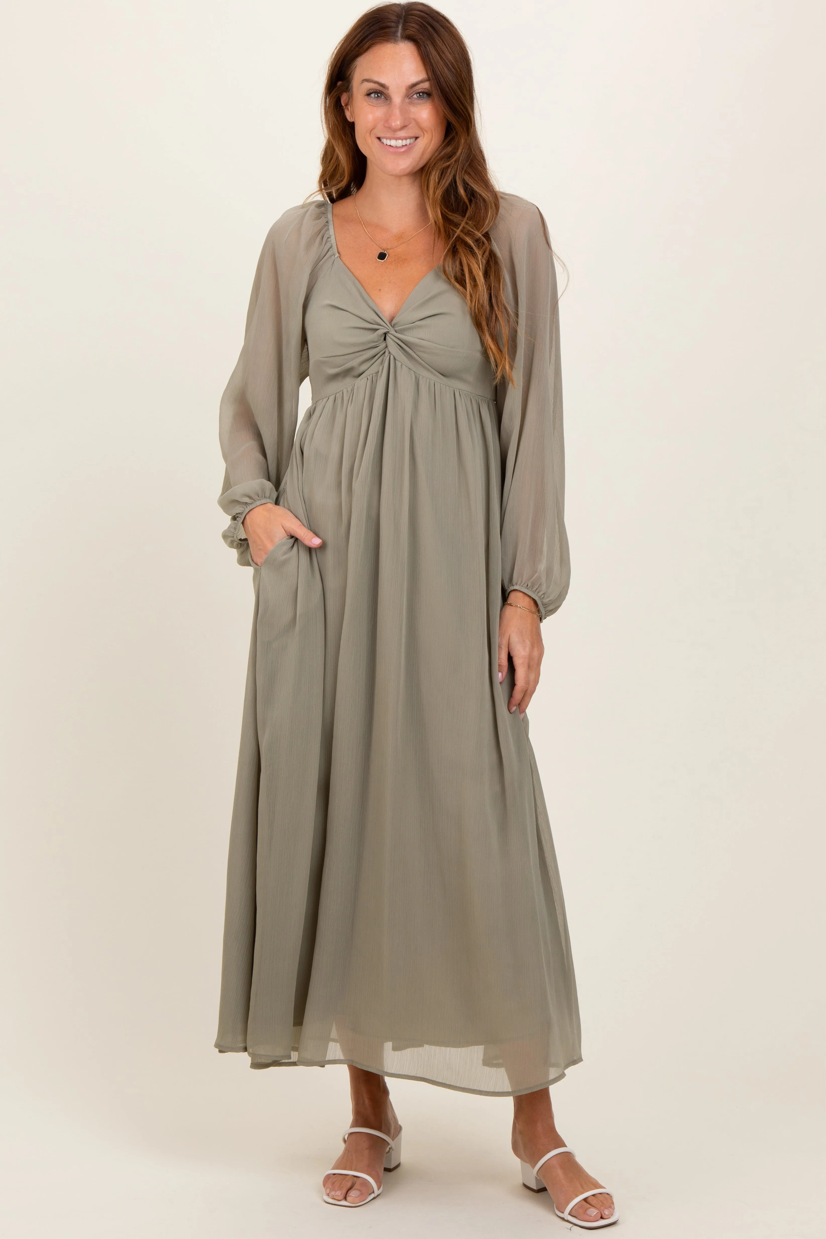 Olive Chiffon Twisted Front Midi Dress sold by Pinkblush