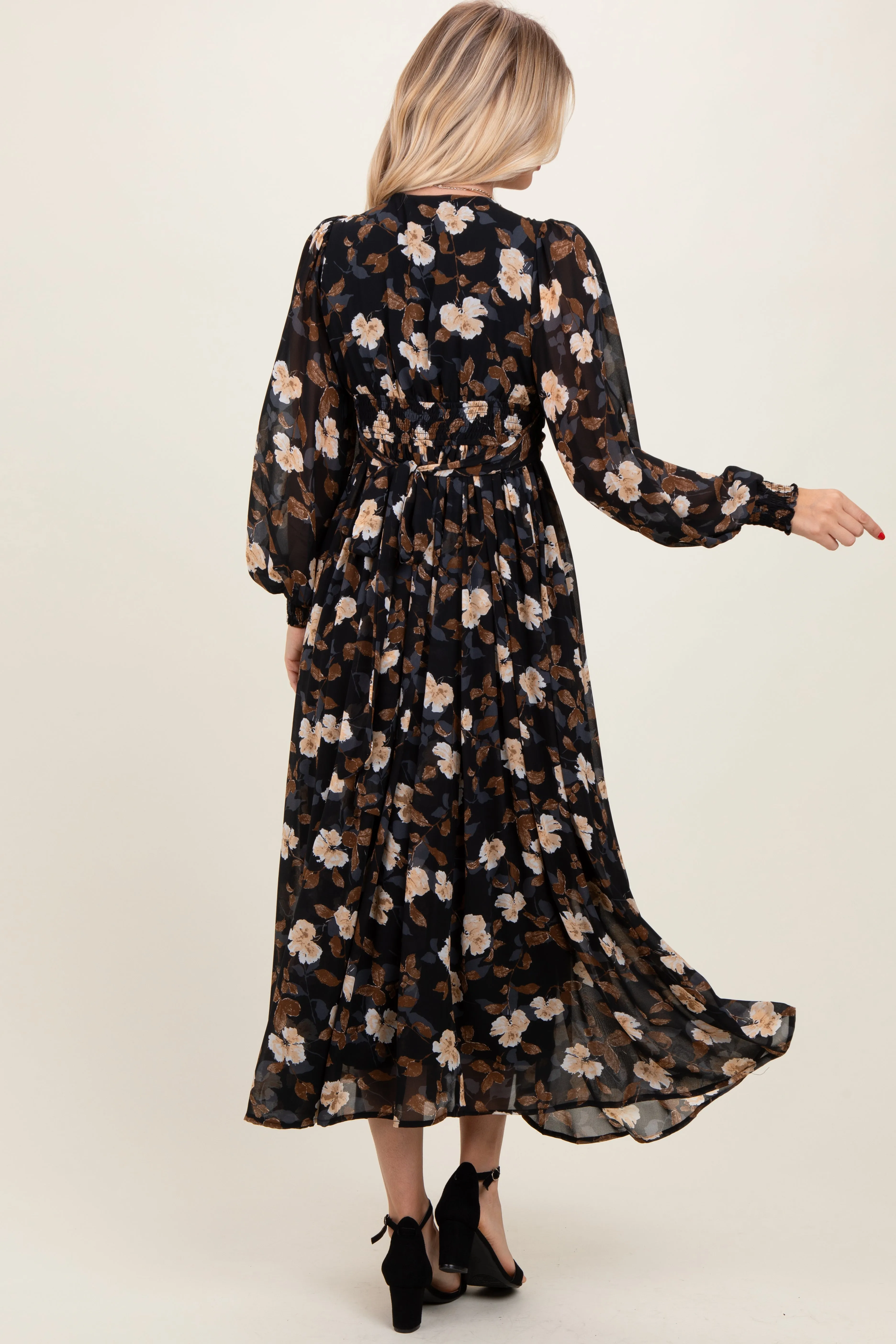 Black Floral Chiffon Twist Front Wrap Maxi Dress sold by Pinkblush product image thumbnail 2