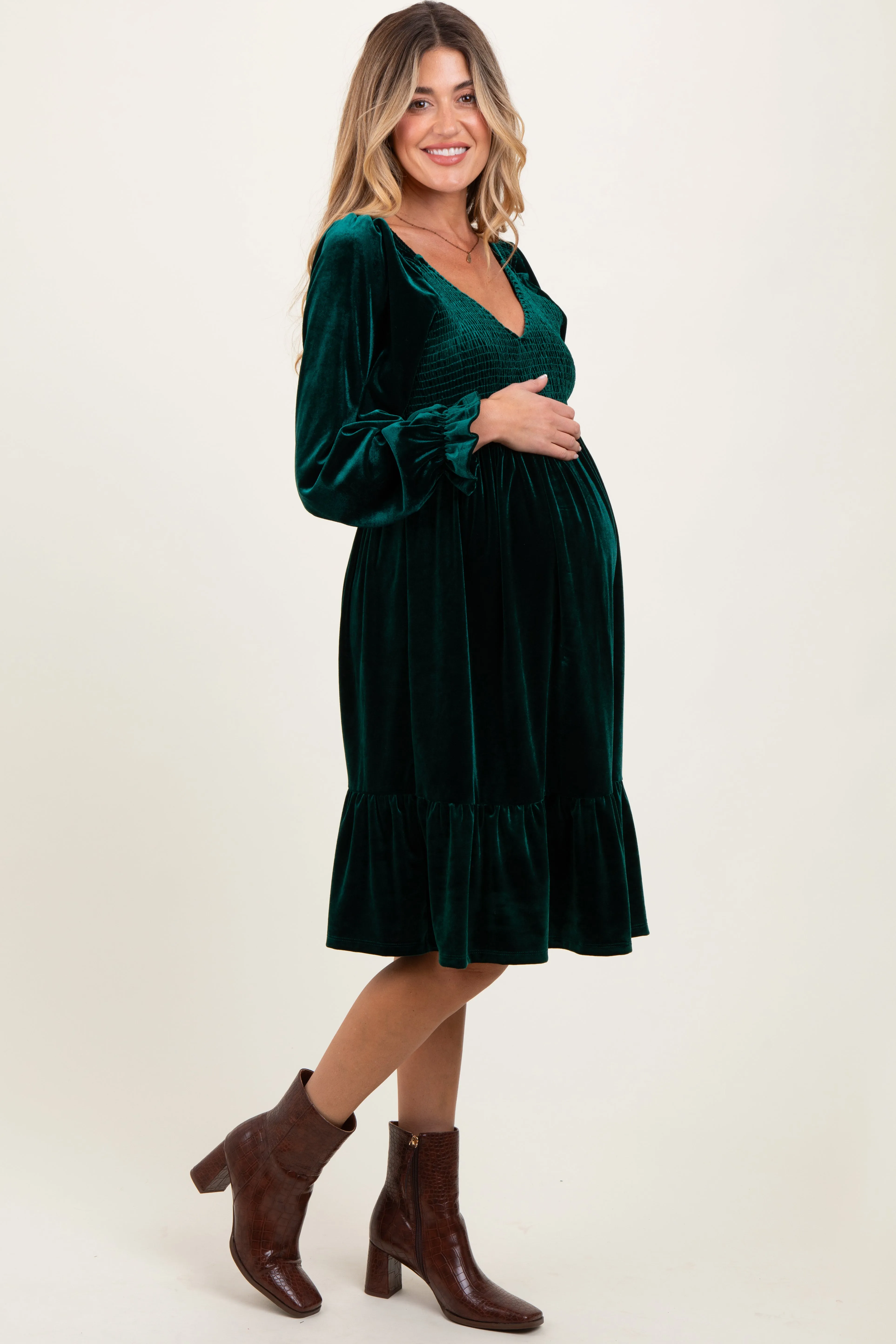 Forest Green Velvet Smocked Maternity Long Sleeve Dress sold by Pinkblush product image thumbnail 3