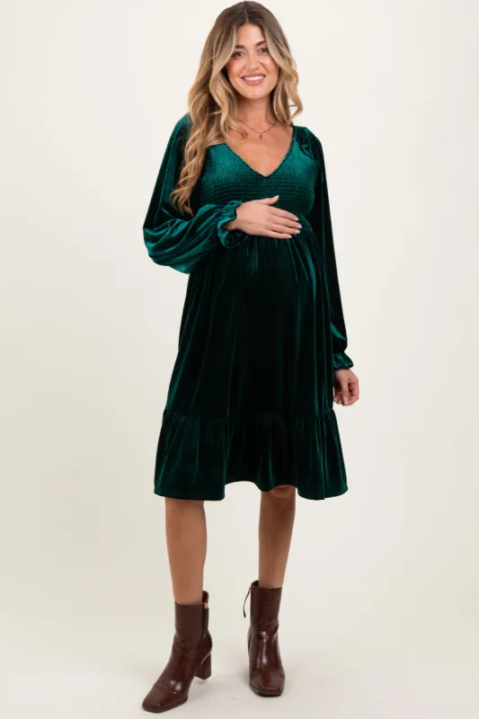 Forest Green Velvet Smocked Maternity Long Sleeve Dress sold by Pinkblush
