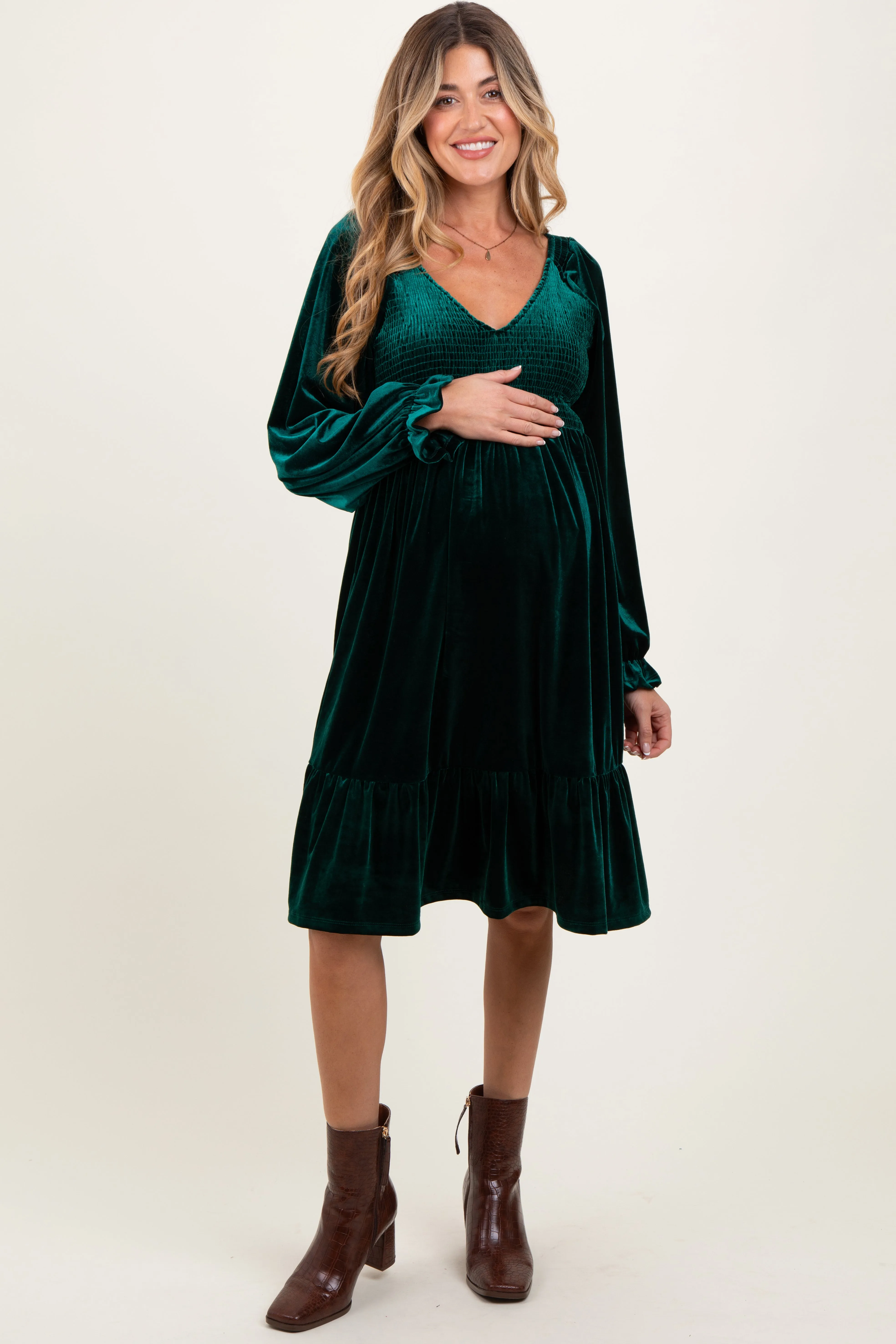 Forest Green Velvet Smocked Maternity Long Sleeve Dress sold by Pinkblush