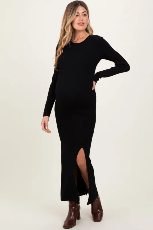Black Ribbed Knit Long Sleeve Side Slit Maternity Maxi Dress made by Pinkblush