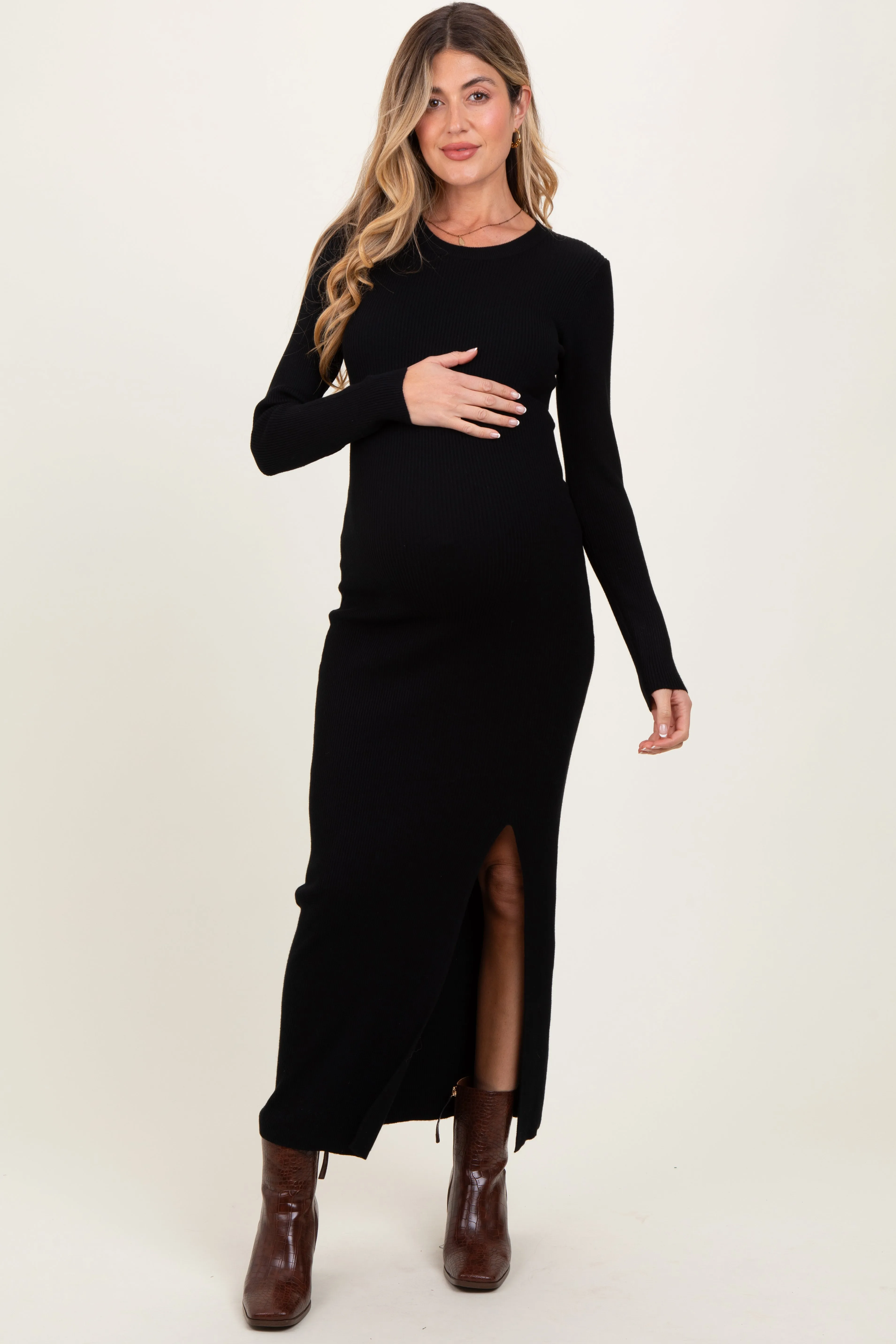 Black Ribbed Knit Long Sleeve Side Slit Maternity Maxi Dress sold by Pinkblush product image thumbnail 2