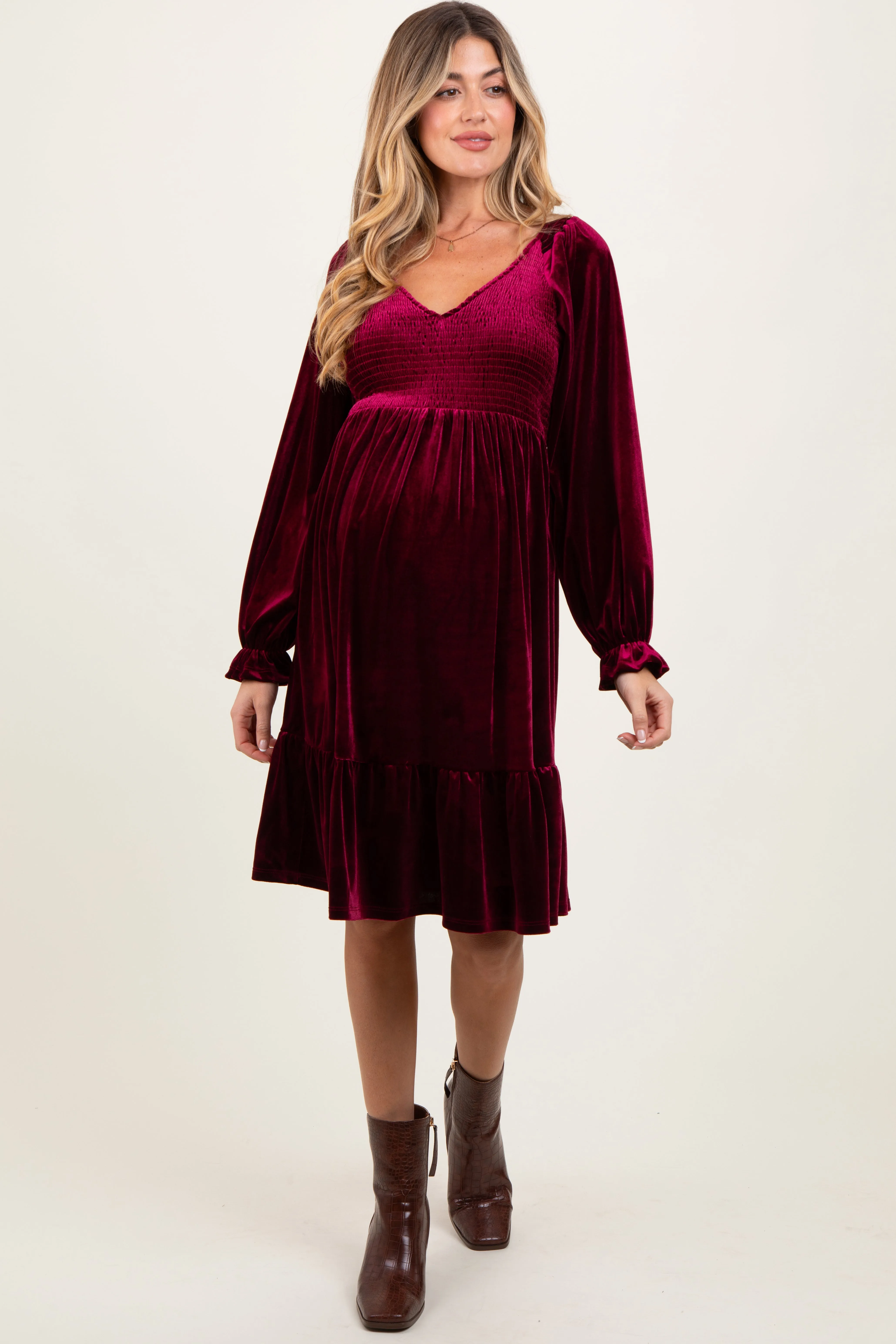 Burgundy Velvet Smocked Maternity Long Sleeve Dress sold by Pinkblush
