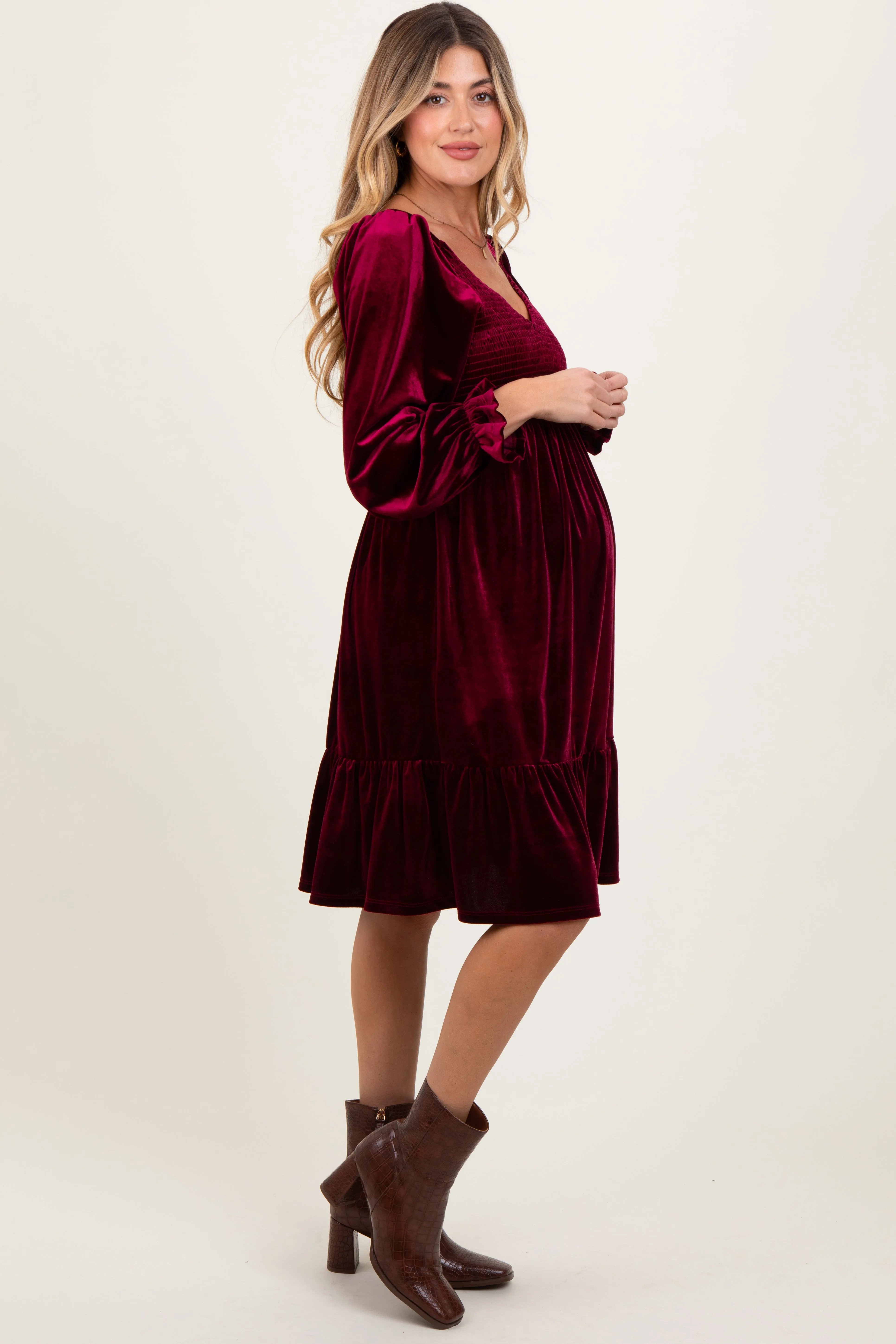 Burgundy Velvet Smocked Maternity Long Sleeve Dress sold by Pinkblush product image thumbnail 2