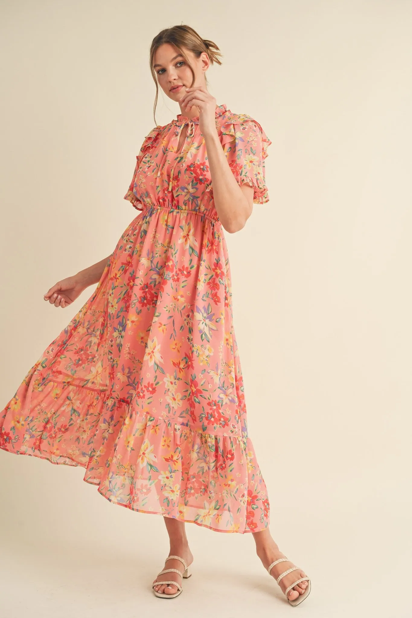 Coral Pink Floral Ruffle Accent Midi Dress sold by Pinkblush product image thumbnail 2