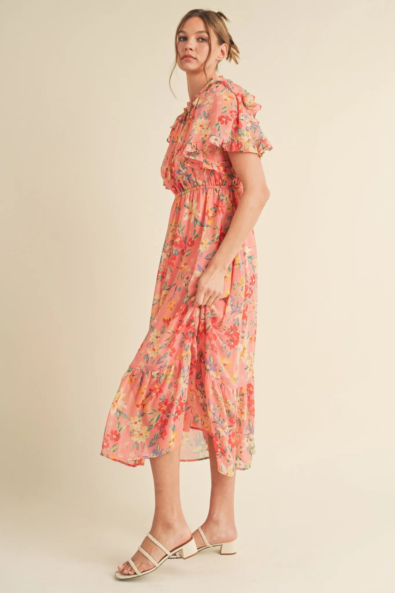 Coral Pink Floral Ruffle Accent Midi Dress sold by Pinkblush product image thumbnail 3