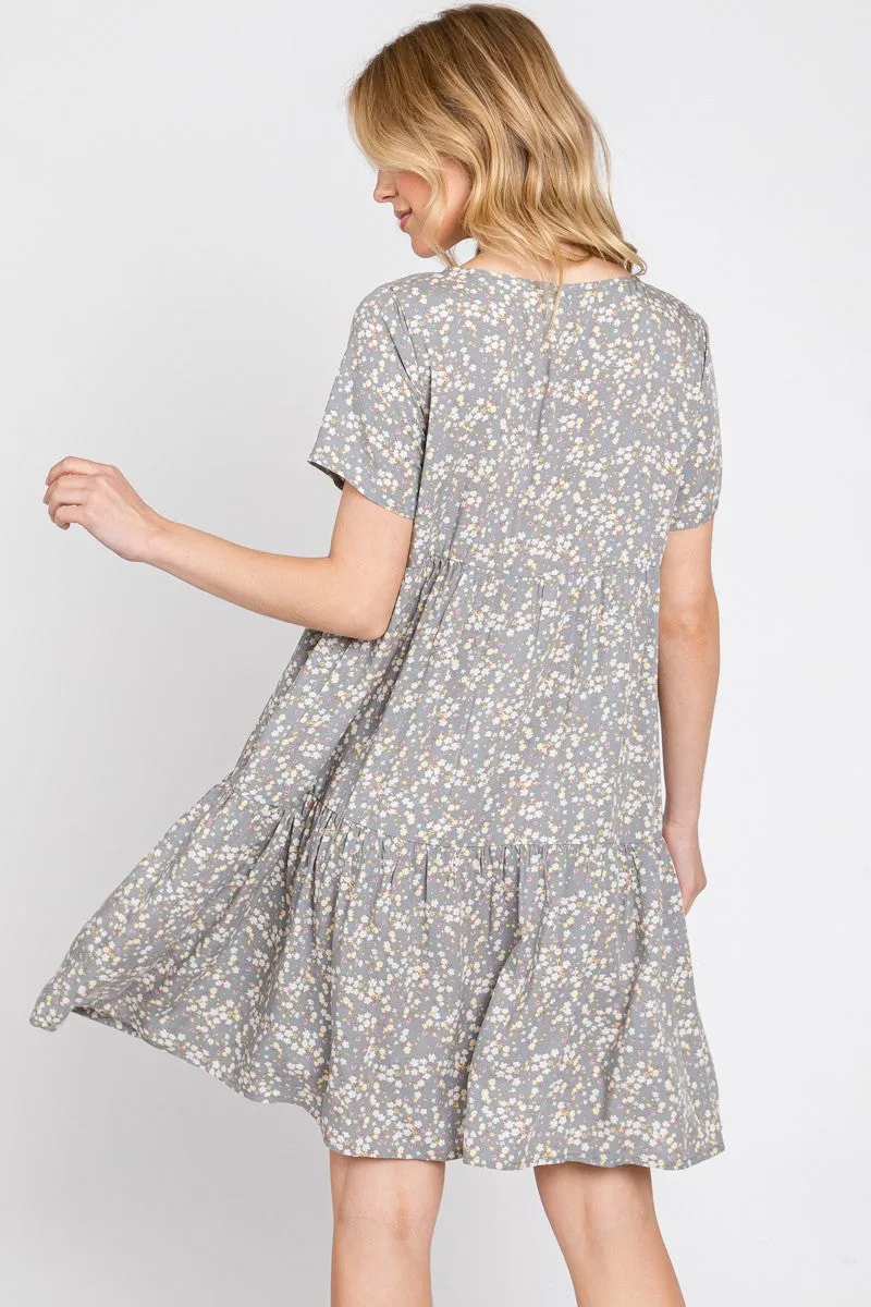 Grey Floral Tiered Button Accent Dress sold by Pinkblush product image thumbnail 4