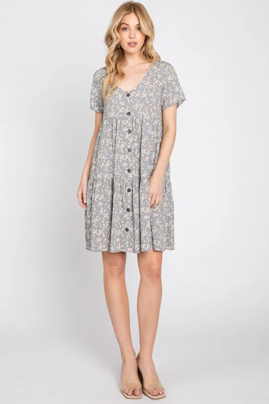 Grey Floral Tiered Button Accent Dress sold by Pinkblush