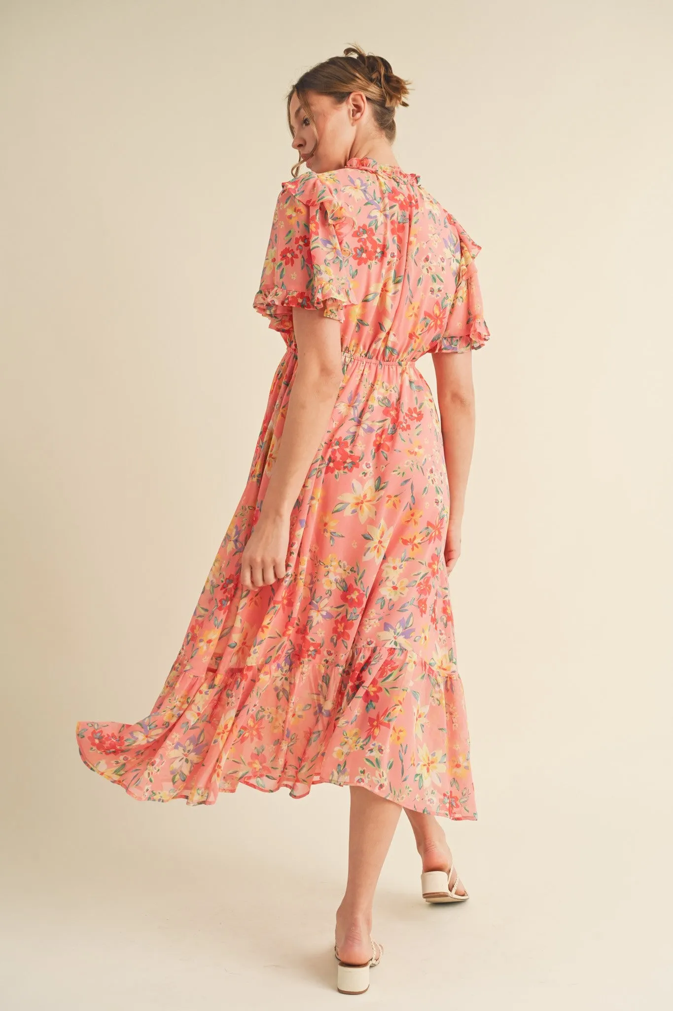 Coral Pink Floral Ruffle Accent Midi Dress sold by Pinkblush product image thumbnail 4