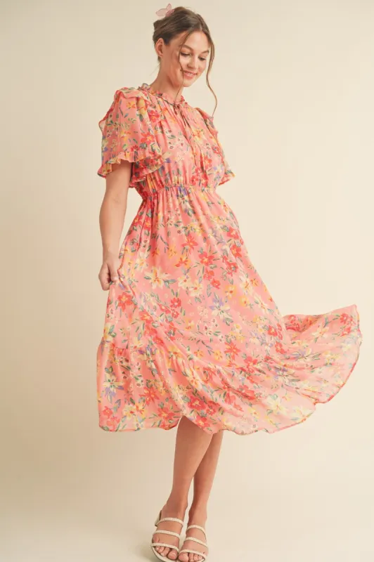 Coral Pink Floral Ruffle Accent Midi Dress sold by Pinkblush