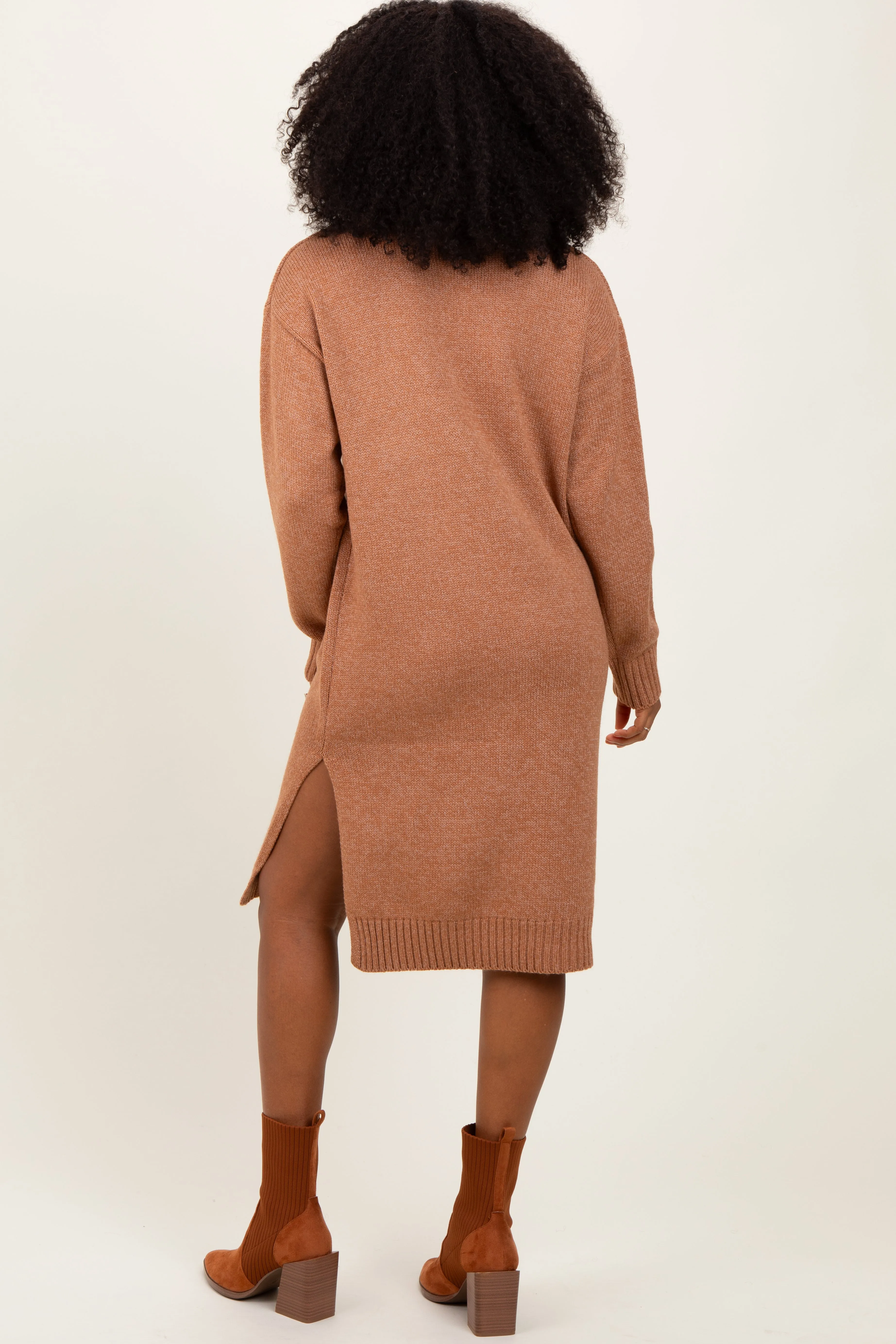 Camel Turtleneck Side Slit Midi Sweater Dress sold by Pinkblush product image thumbnail 4
