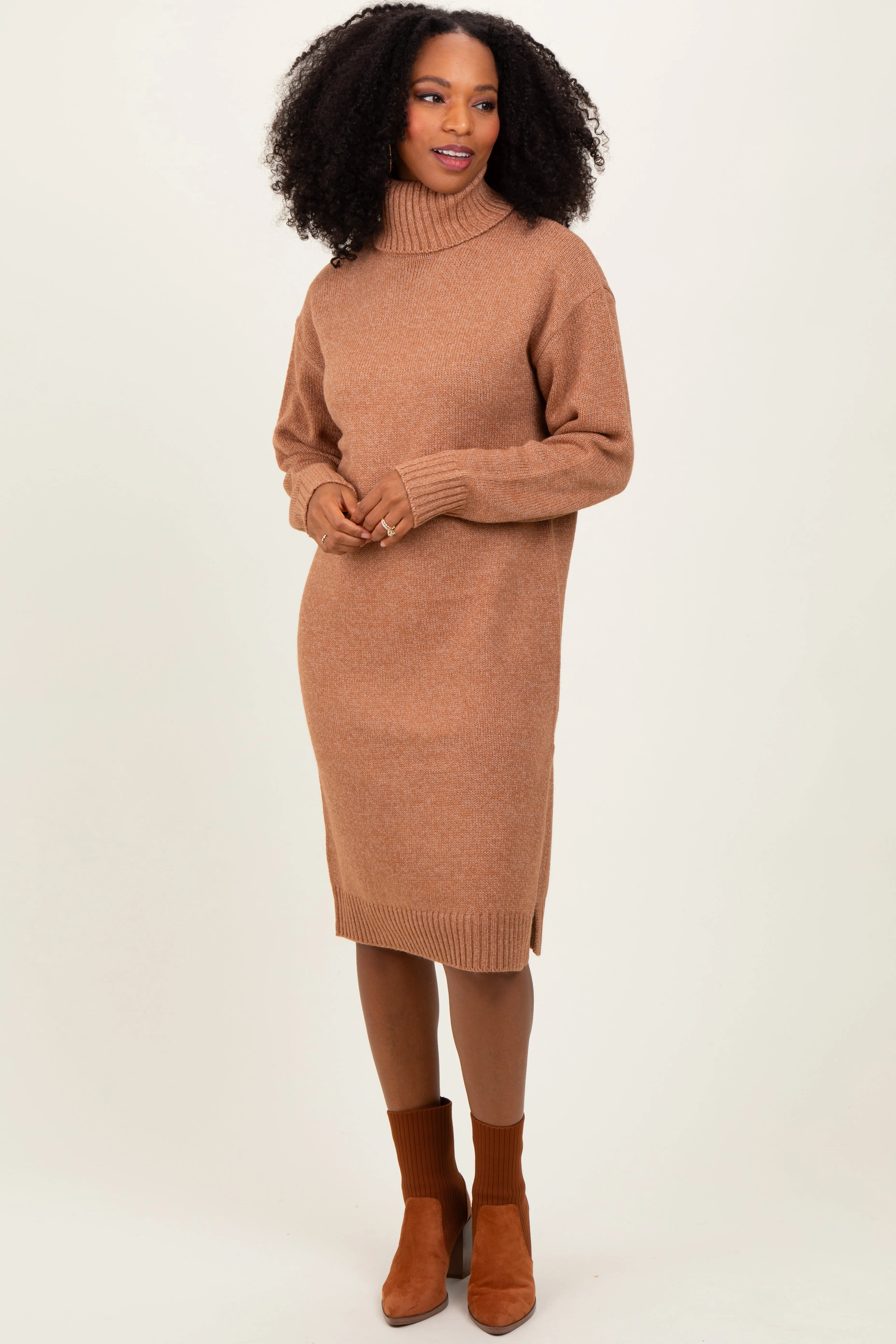 Camel Turtleneck Side Slit Midi Sweater Dress sold by Pinkblush