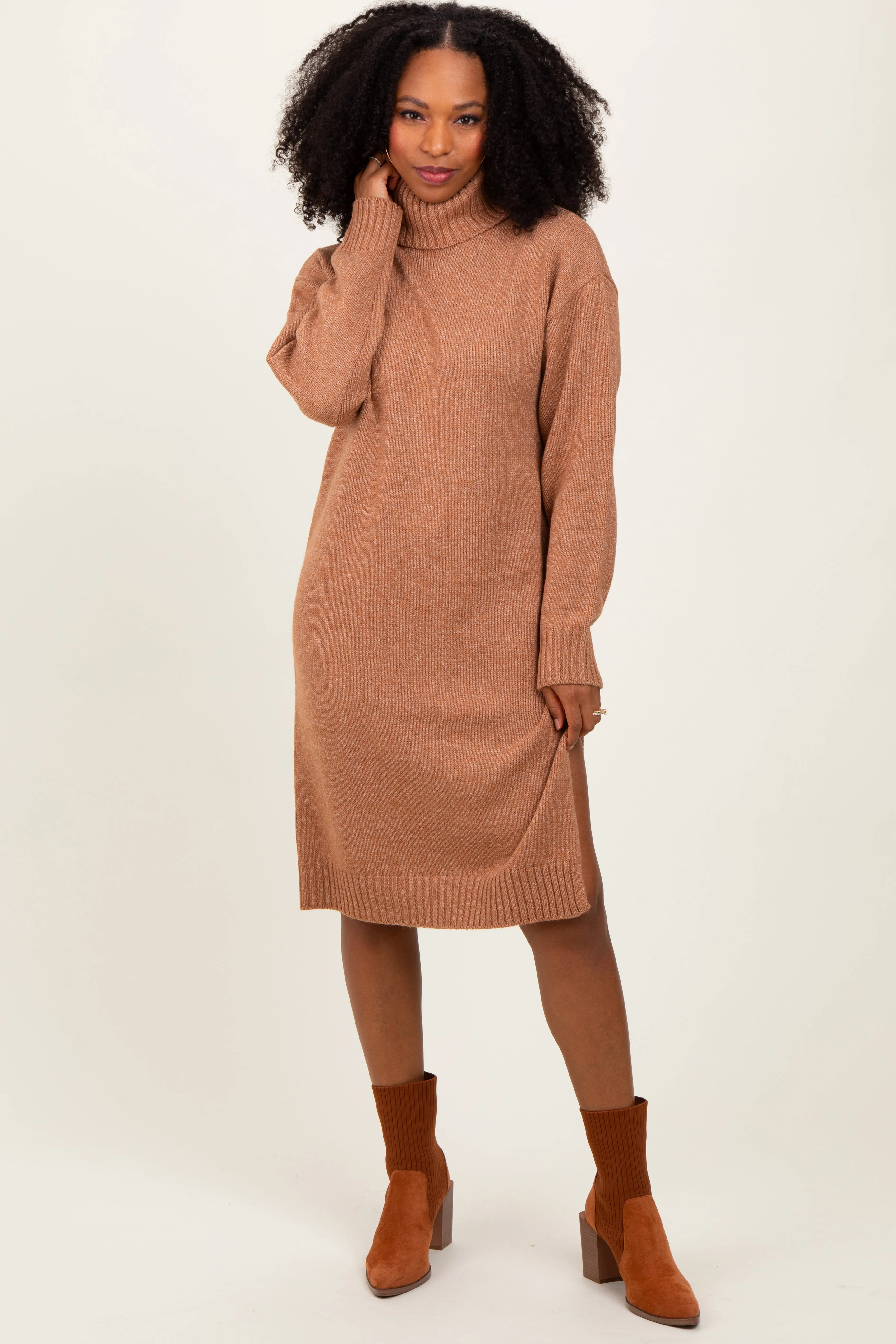 Camel Turtleneck Side Slit Midi Sweater Dress sold by Pinkblush product image thumbnail 2