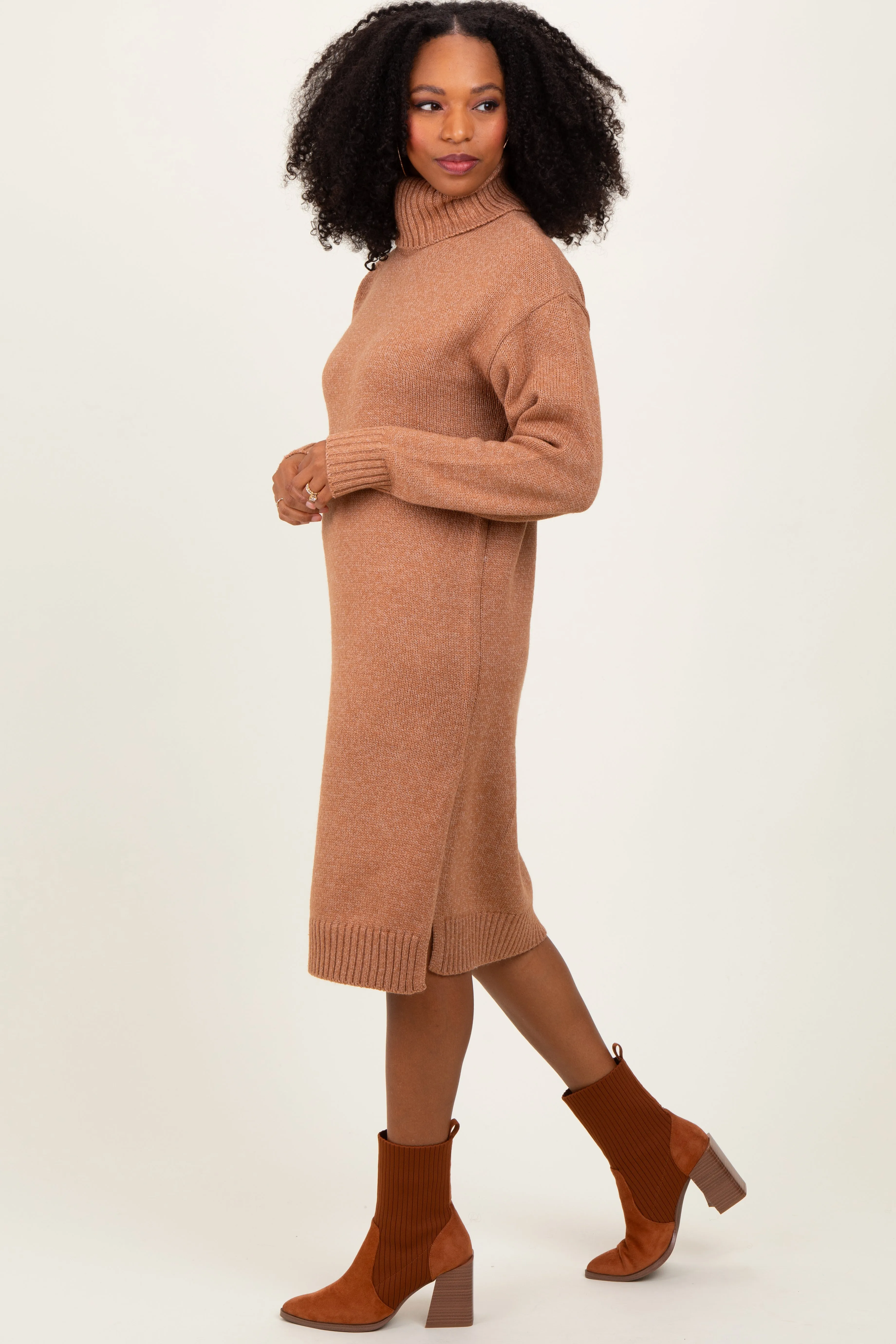 Camel Turtleneck Side Slit Midi Sweater Dress sold by Pinkblush product image thumbnail 3