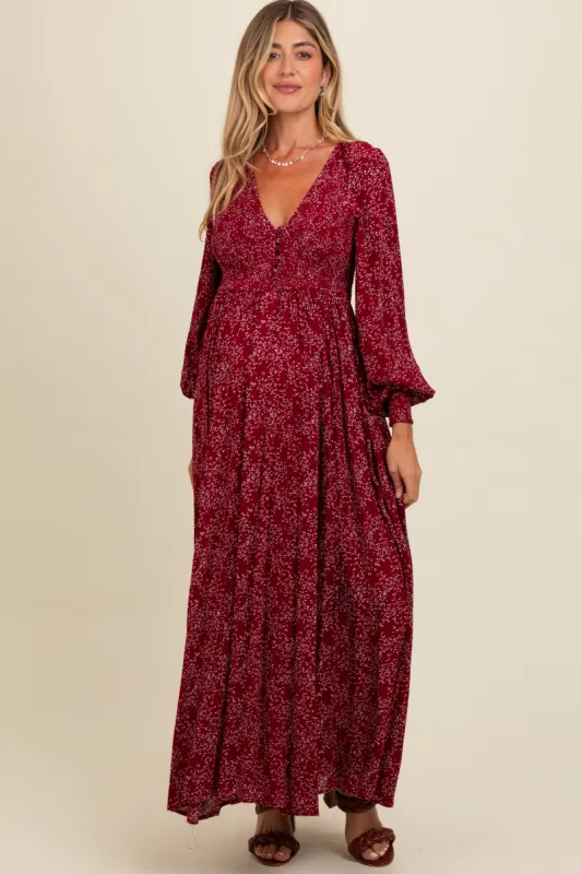 Burgundy Floral Smocked Button Detail Maternity Maxi Dress sold by Pinkblush